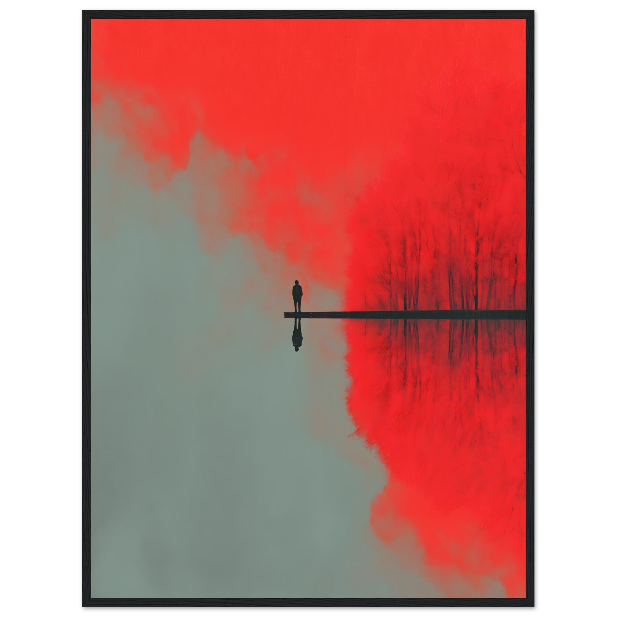 Minimalistisches Poster einer Silhouette auf einem langen Steg mit perfekter Spiegelung im Wasser. Deep meaning. Skndinavian Interior.
Poster im schwarzen Holzrahmen.
