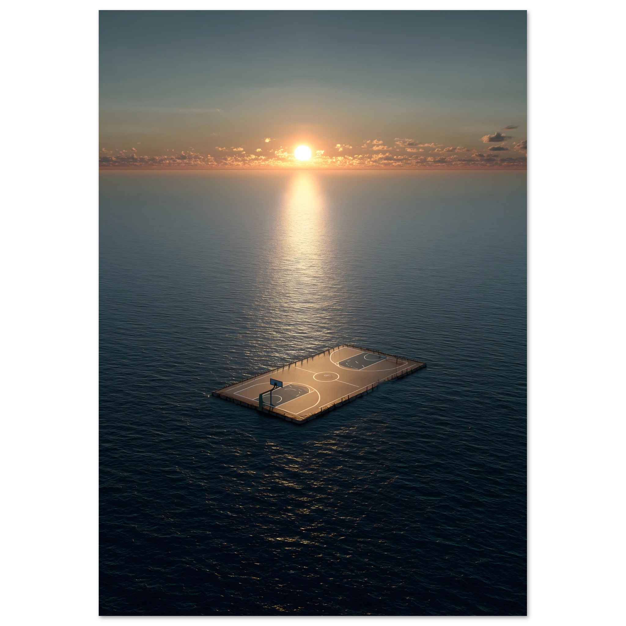 Premium Poster Sport & Natur: Hochauflösender Druck, der die feine Textur der Wasseroberfläche und die Holzplanken des schwimmenden Basketball-Floßes zeigt. Die Spiegelung der Sonne im Wasser ist farbintensiv und klar dargestellt.