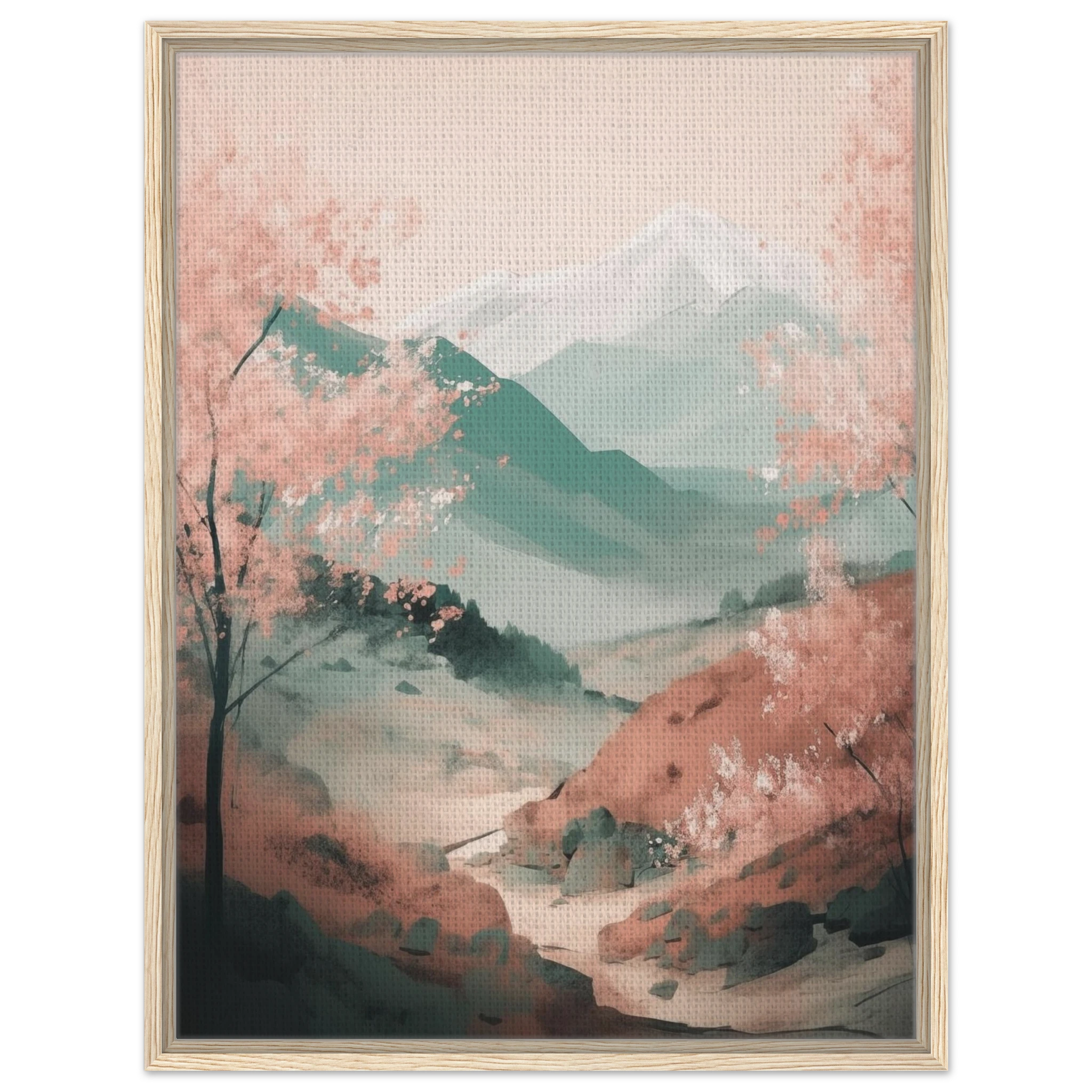Wandbild Japan im hellen Holzrahmen: Natürliche Eiche harmoniert sanft mit den zarten rosa Sakura-Blüten.