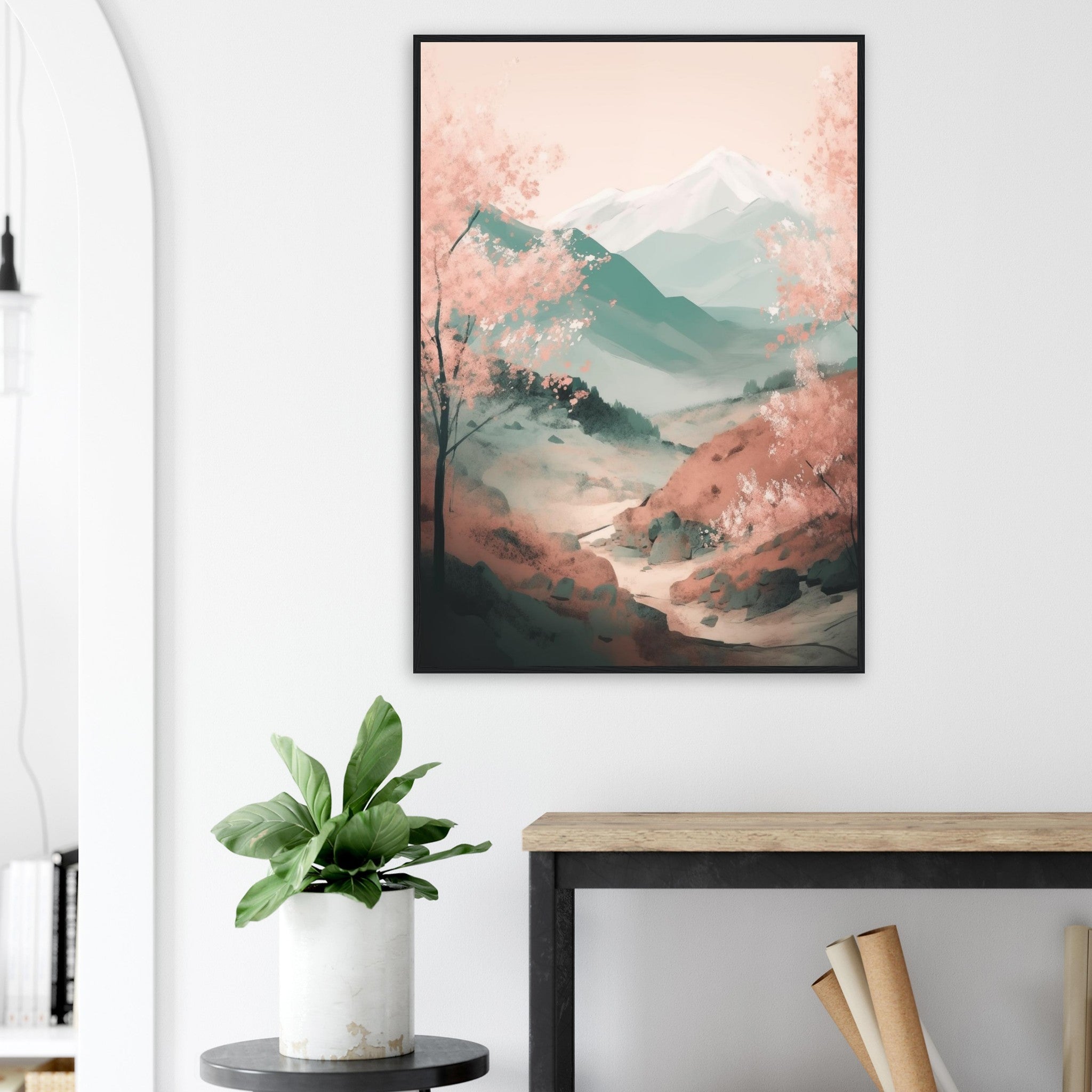 Großes Wandbild im Wohnzimmer: Die japanische Kirschblüten-Landschaft bringt Ruhe, Zen-Atmosphäre und Harmonie in den Raum.