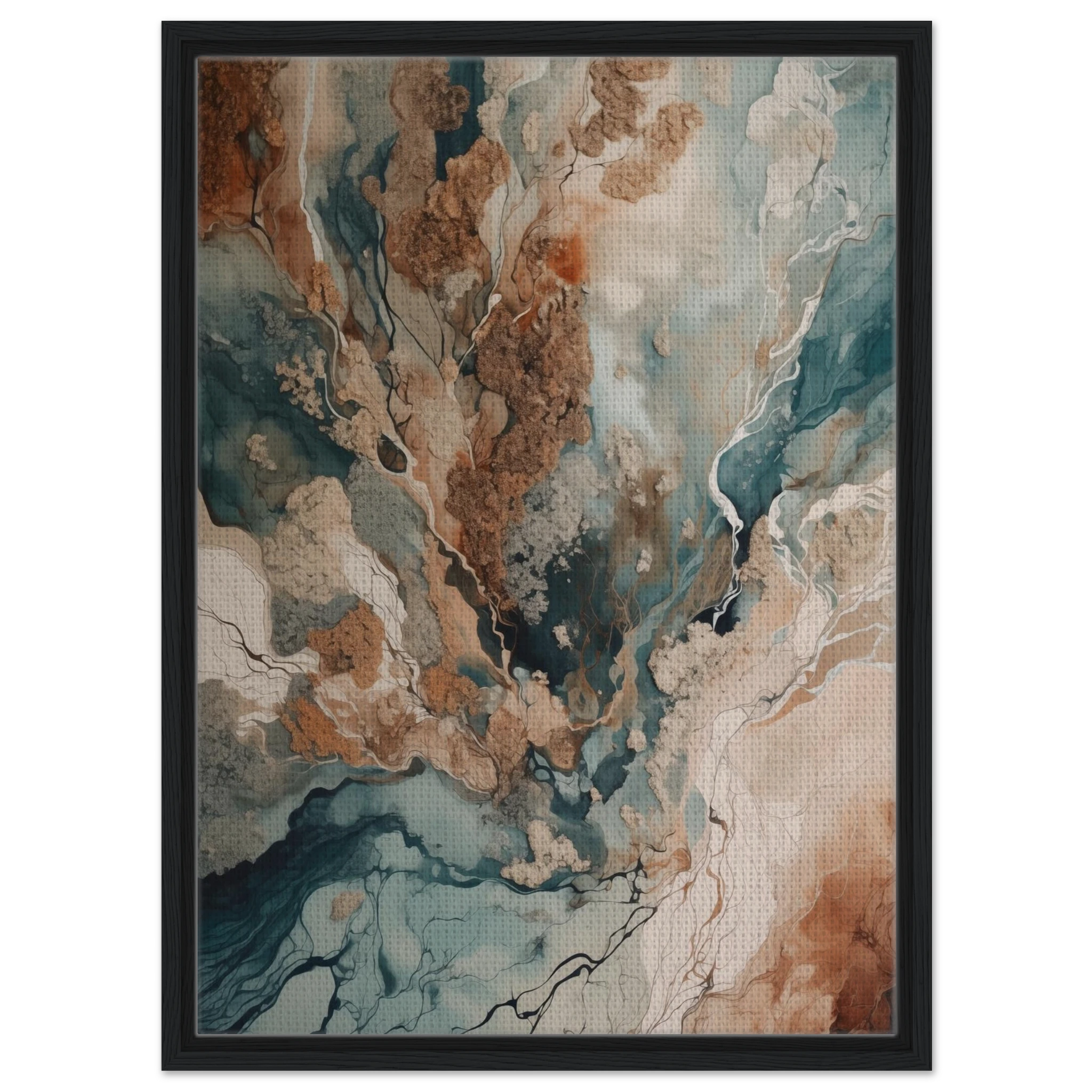 Abstrakte Luftaufnahme einer verschneiten Arktis-Landschaft mit feinen Eis-Strukturen und sanften Naturtönen auf hochwertiger Leinwand mit schwarzen Holzrahmen.
