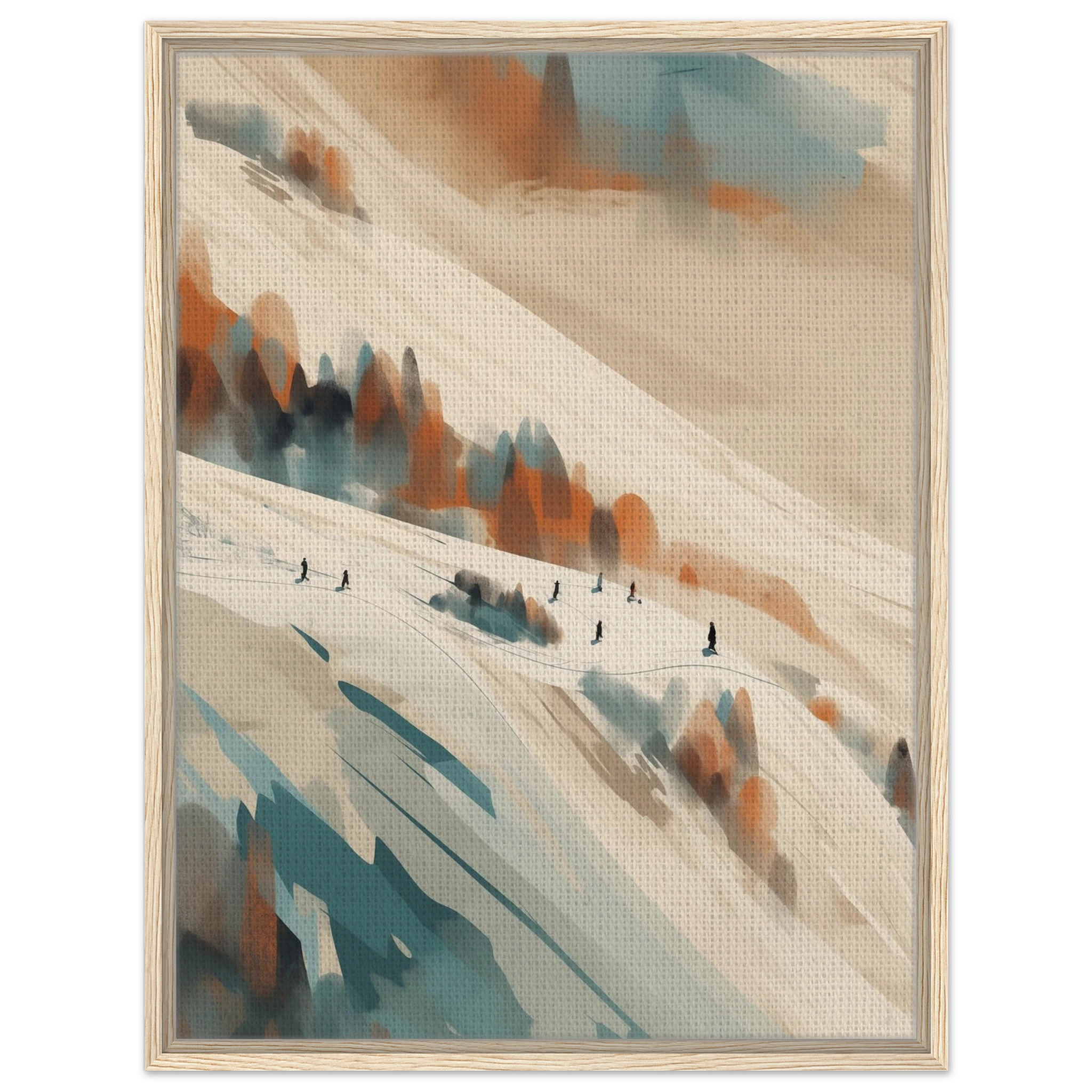 Wandbild Ski Slope im hellen Holzrahmen: Natürliche Eiche wärmt die kühle Ästhetik der verschneiten Piste auf.