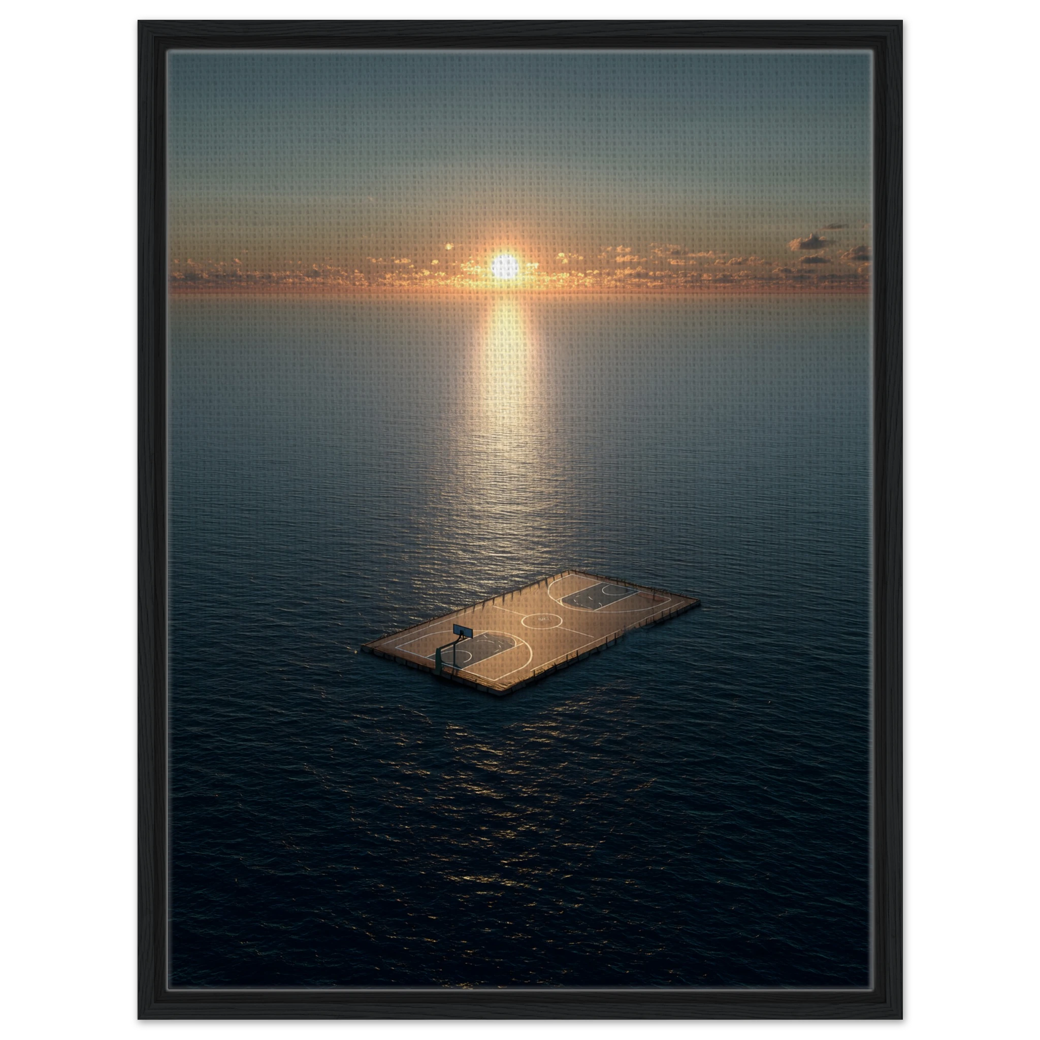 Surreales Leinwandbild Basketball mit schwarzen Holzrahmen: Ein einzelner Basketballplatz treibt als hölzernes Floß auf dem offenen, tiefblauen Meer. Im Hintergrund geht die Sonne mittig am Horizont unter und wirft einen goldenen Lichtstreifen (Golden Hour) über die sanften Wellen und das Spielfeld.