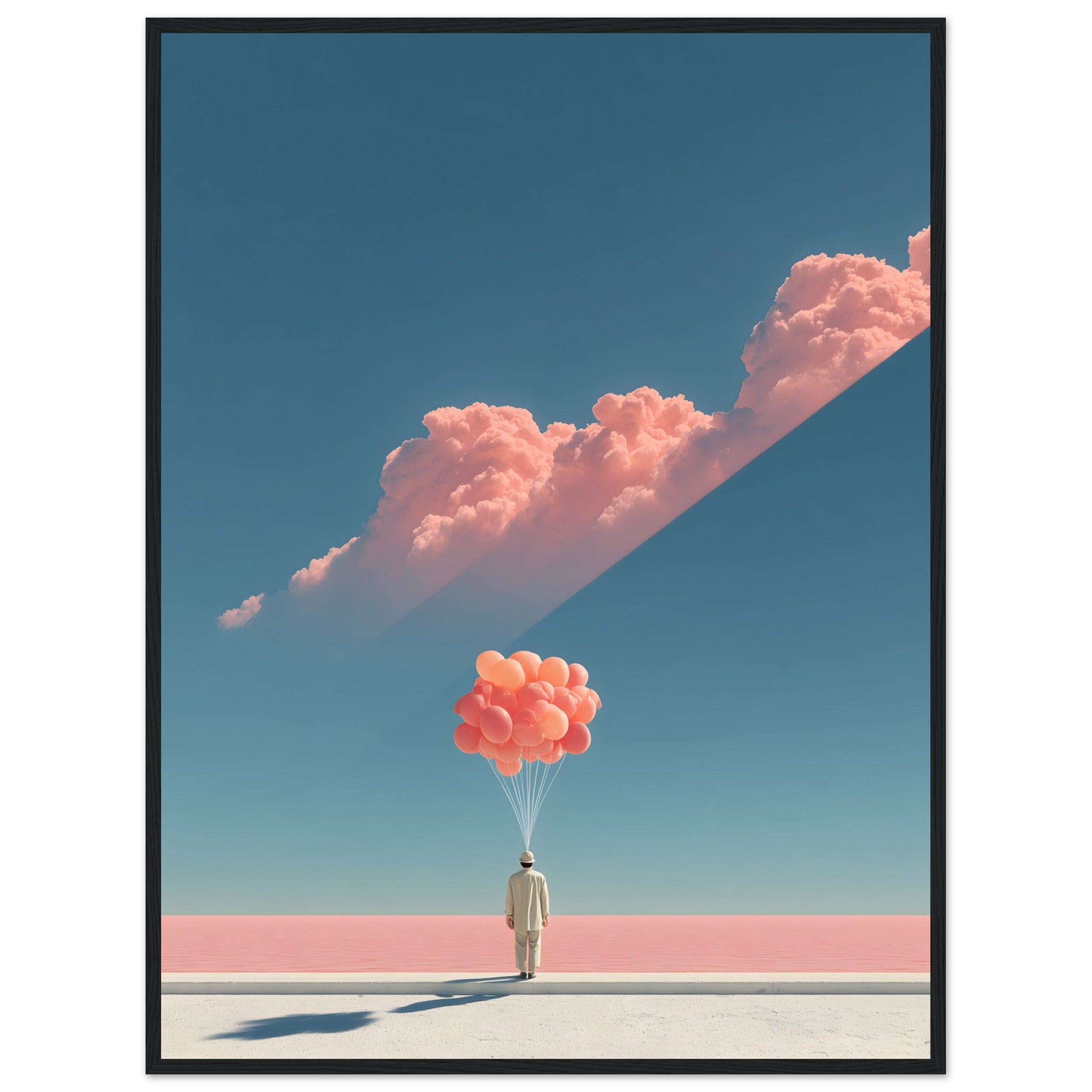 Moody Minimalistisches Poster einer kleinen Figur, die eine Gruppe Planeten wie Ballons an Schnüren hält mit starrem blick in die Ferne. Poster im schwarzen Holzrahmen.