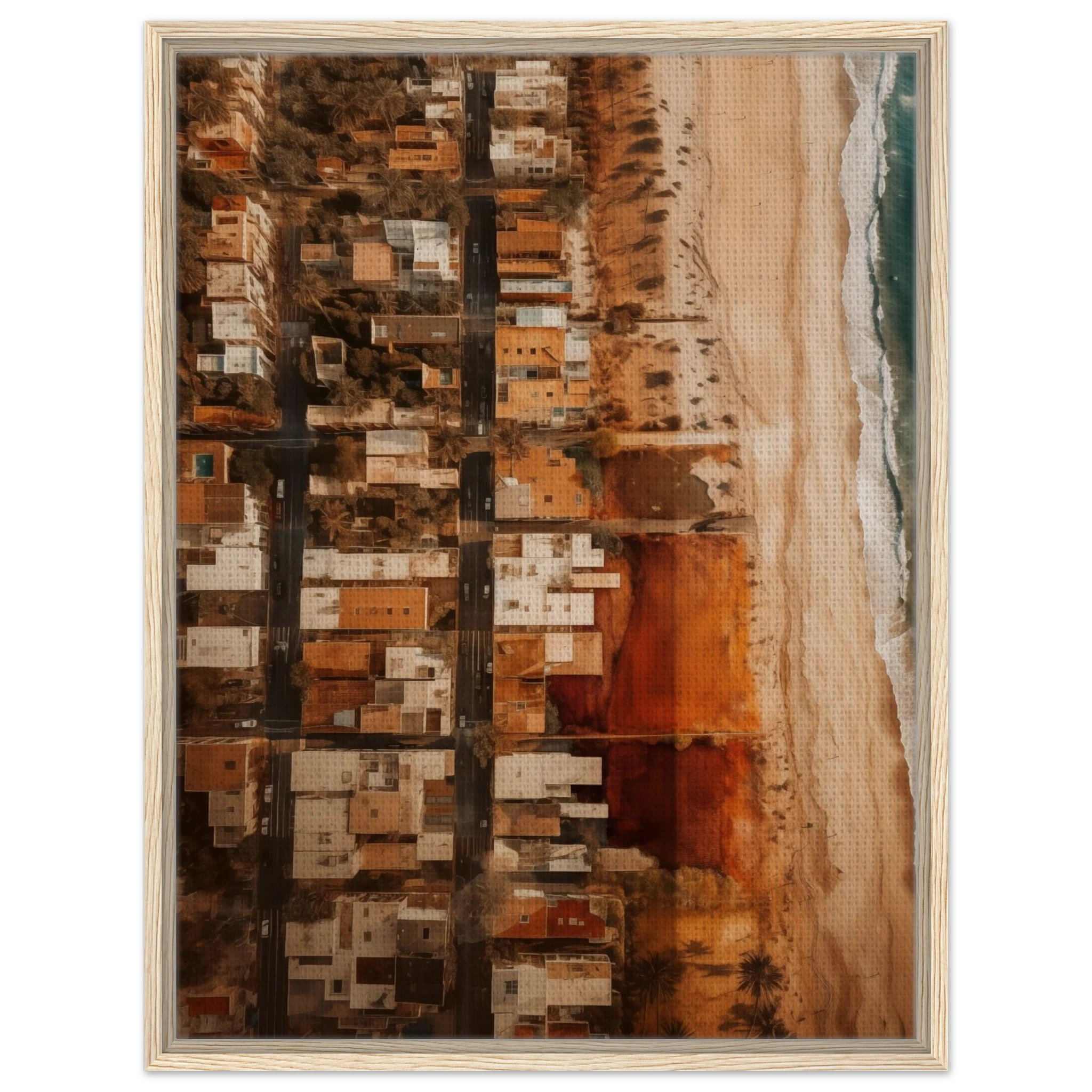 Wandbild Kalifornien im hellen Holzrahmen: Natürliche Eiche harmoniert perfekt mit dem goldenen Sand des Newport Beach.