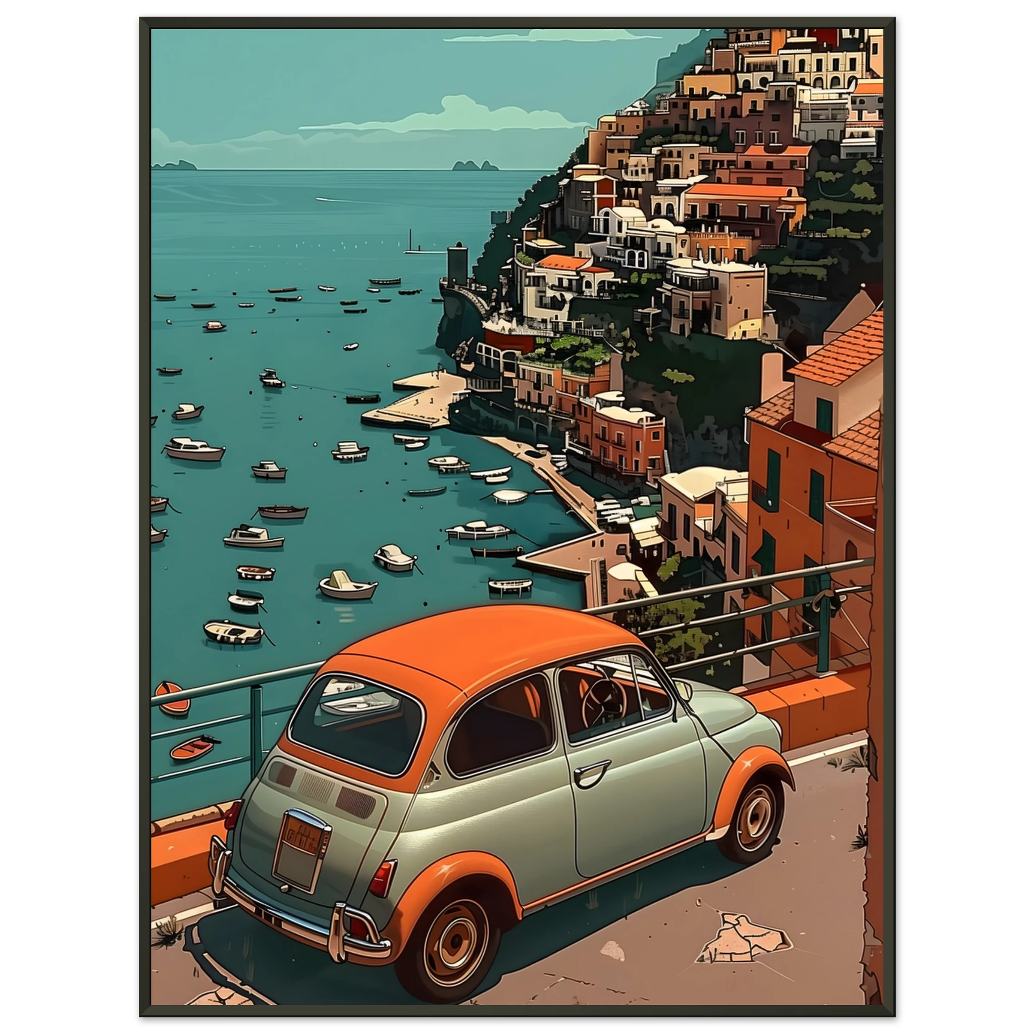 Gerahmter Kunstdruck im schwarzen Metallrahmen: Dunkler Rahmen verleiht dem Vintage-Fiat vor Neapel zeitlose Eleganz.