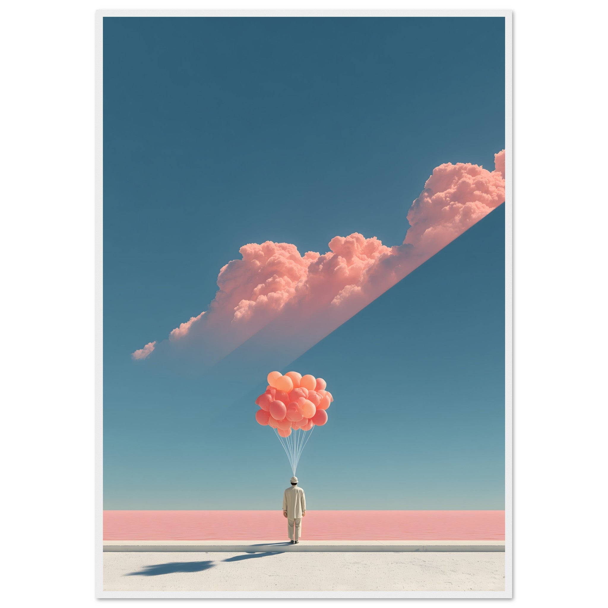 Minimalistisches Poster einer kleinen Figur, die eine Gruppe Planeten wie Ballons an Schnüren hält. Poster im schwarzen Holzrahmen.