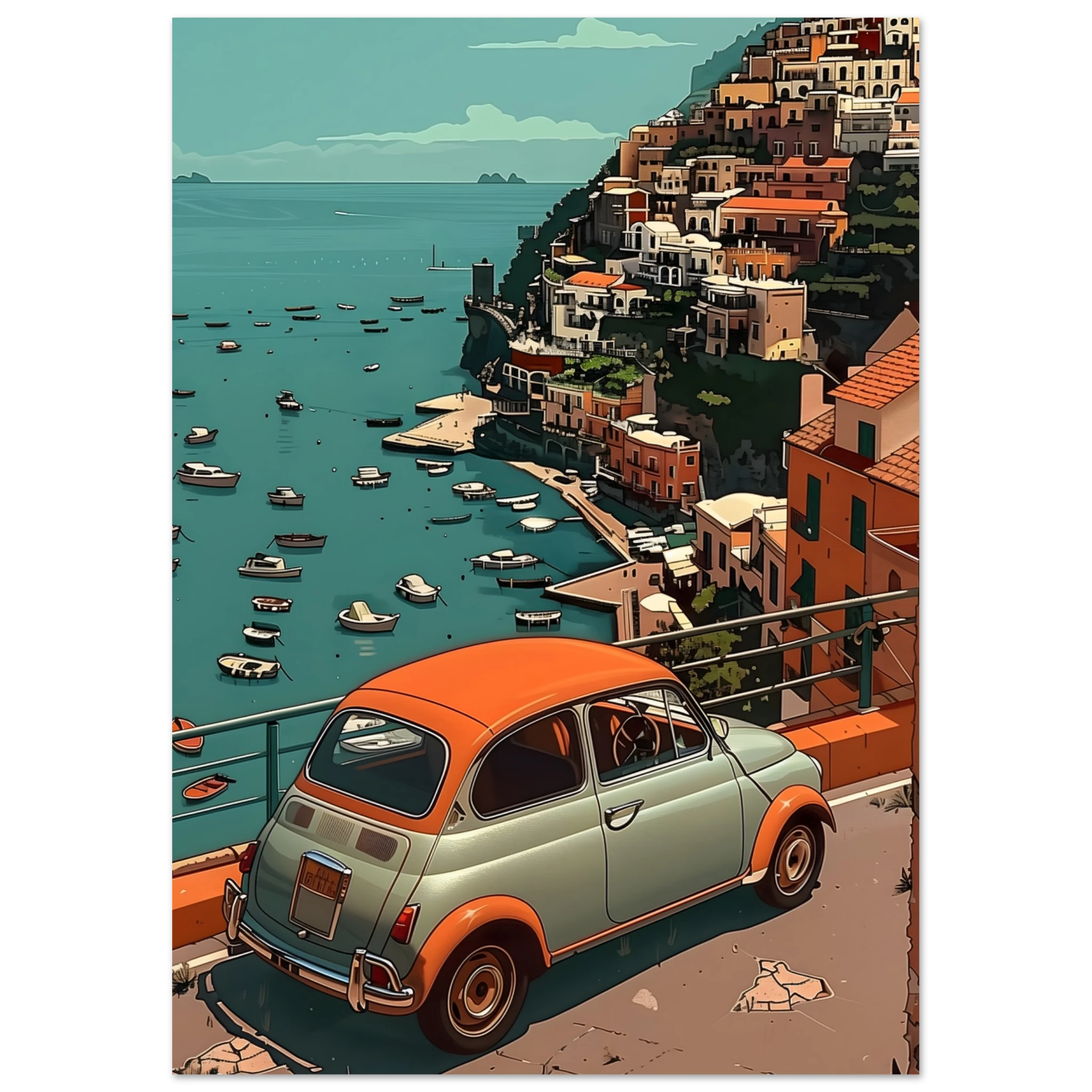 Premium Poster Dolce Vita: Detailreicher Druck des Kultautos und der malerischen italienischen Aussicht.