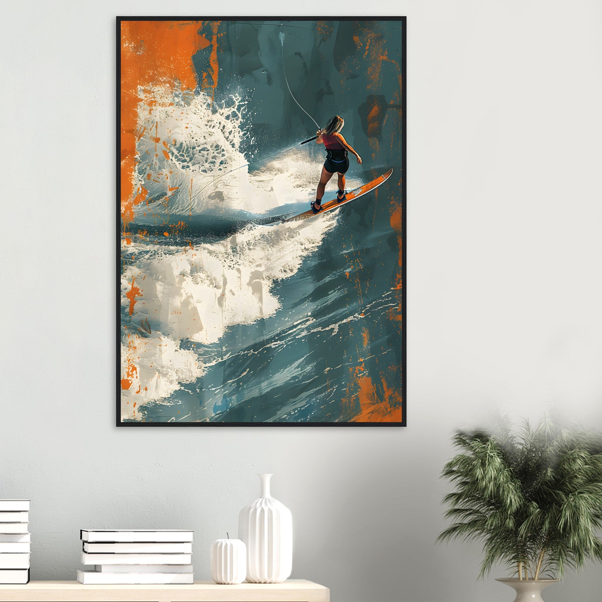 Großes Wandbild im Wohnzimmer: Die energiegeladene Wakeboard-Szene bringt Sommergefühle und Freiheit in moderne Räume.
