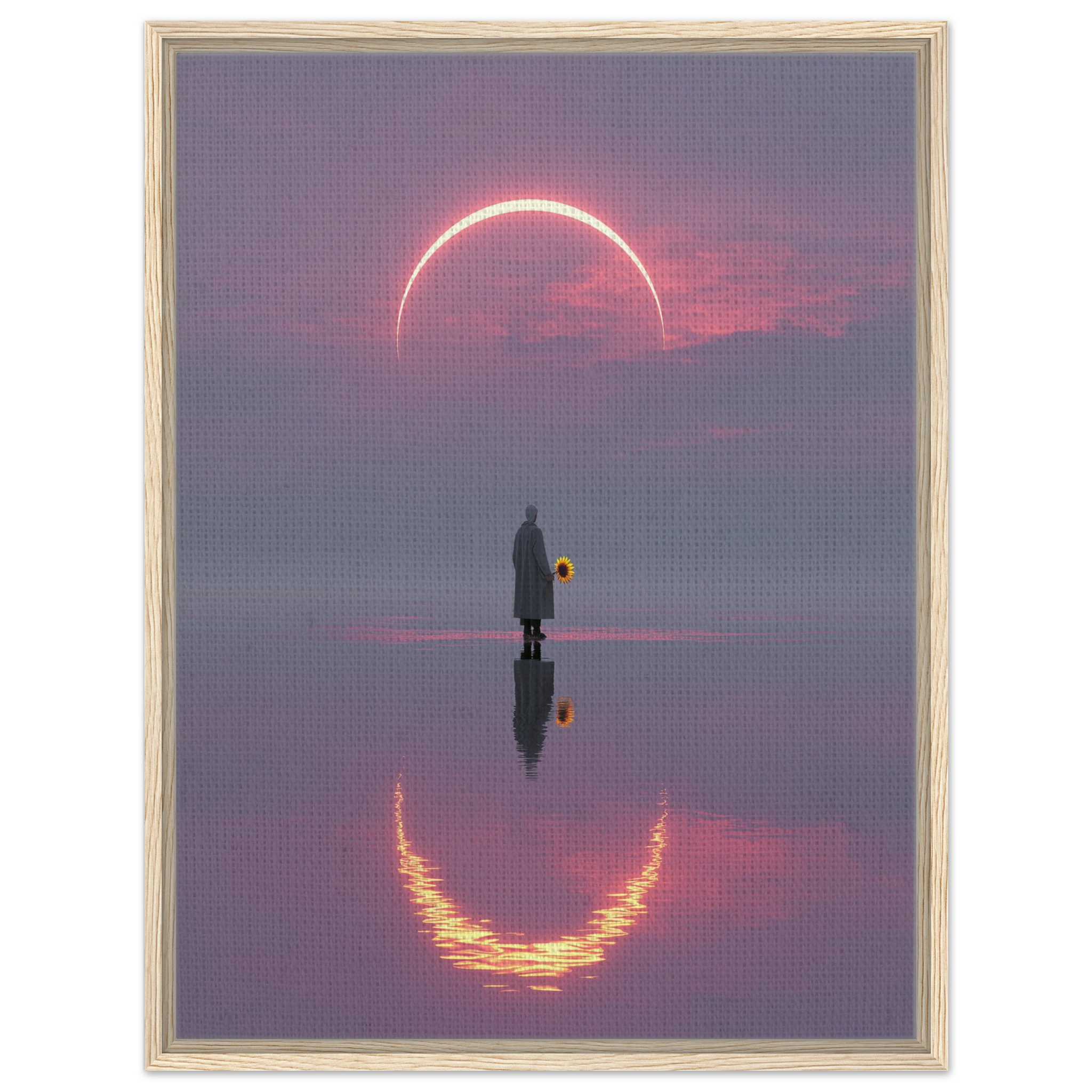 Surrealistisches Poster mit einer einsamen Figur die eine Sonnenblume vor einer leuchtenden Sonnenfinsternis hält. Leinwand im hellen Holzrahmen.