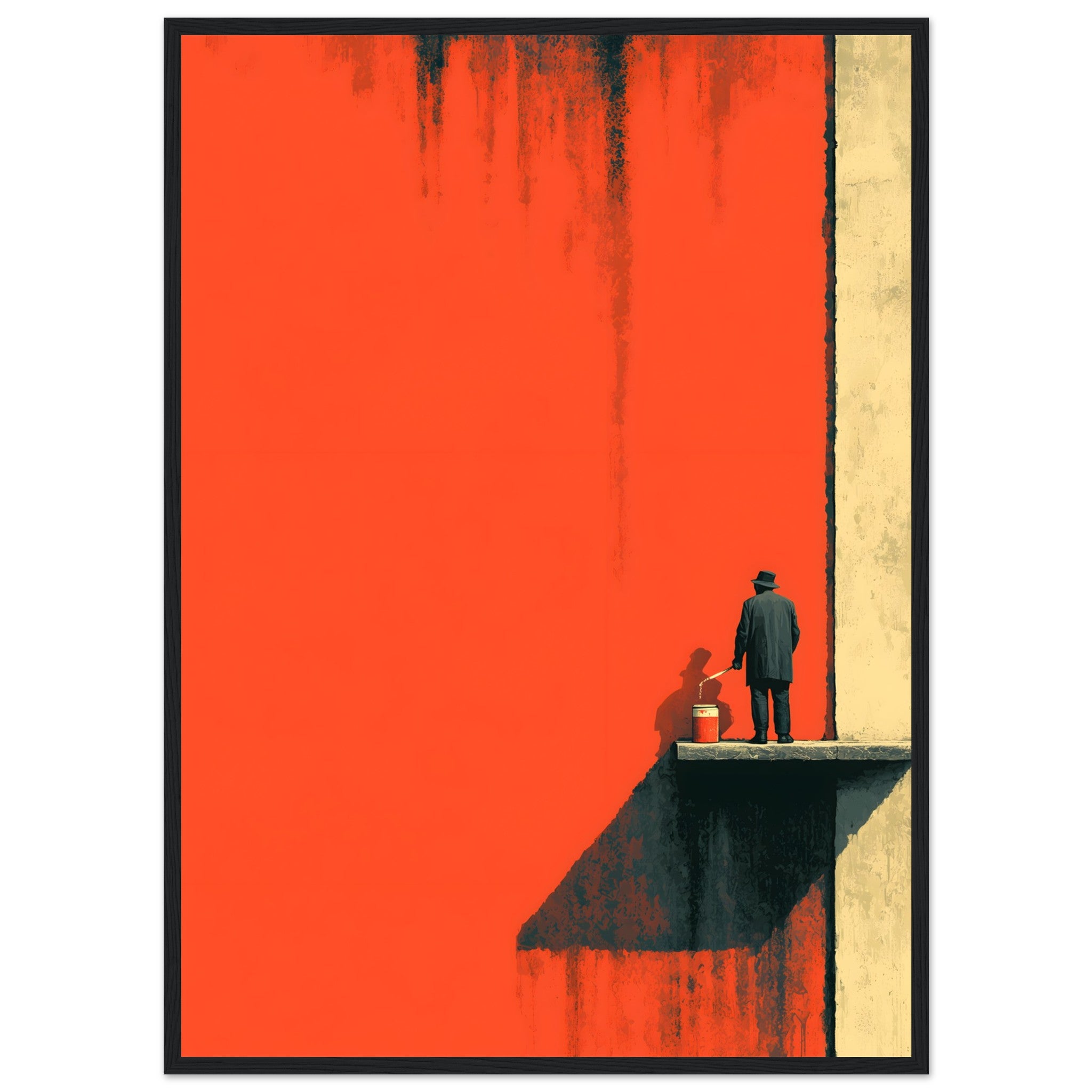 Minimalistisches Poster einer Figur auf einer Hebebühne, die eine endlose rote Wand gelb streicht. Alter Mann Ästhetik. Minimalistisches Interior.
Poster im schwarzen Holzrahmen.
