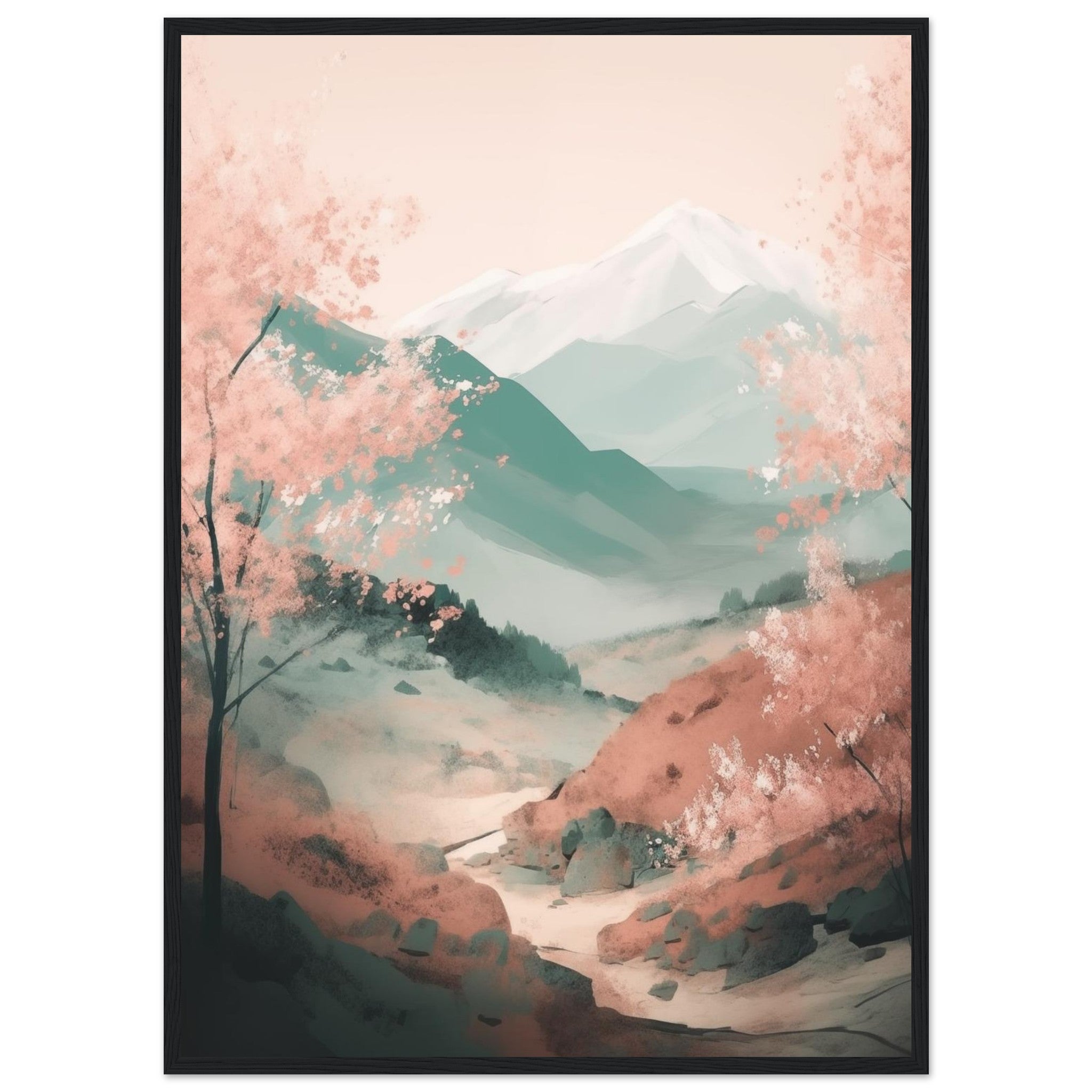 Gerahmter Kunstdruck in Schwarz: Dunkler Rahmen verleiht der weichen Japan-Landschaft Kontur und moderne Eleganz.