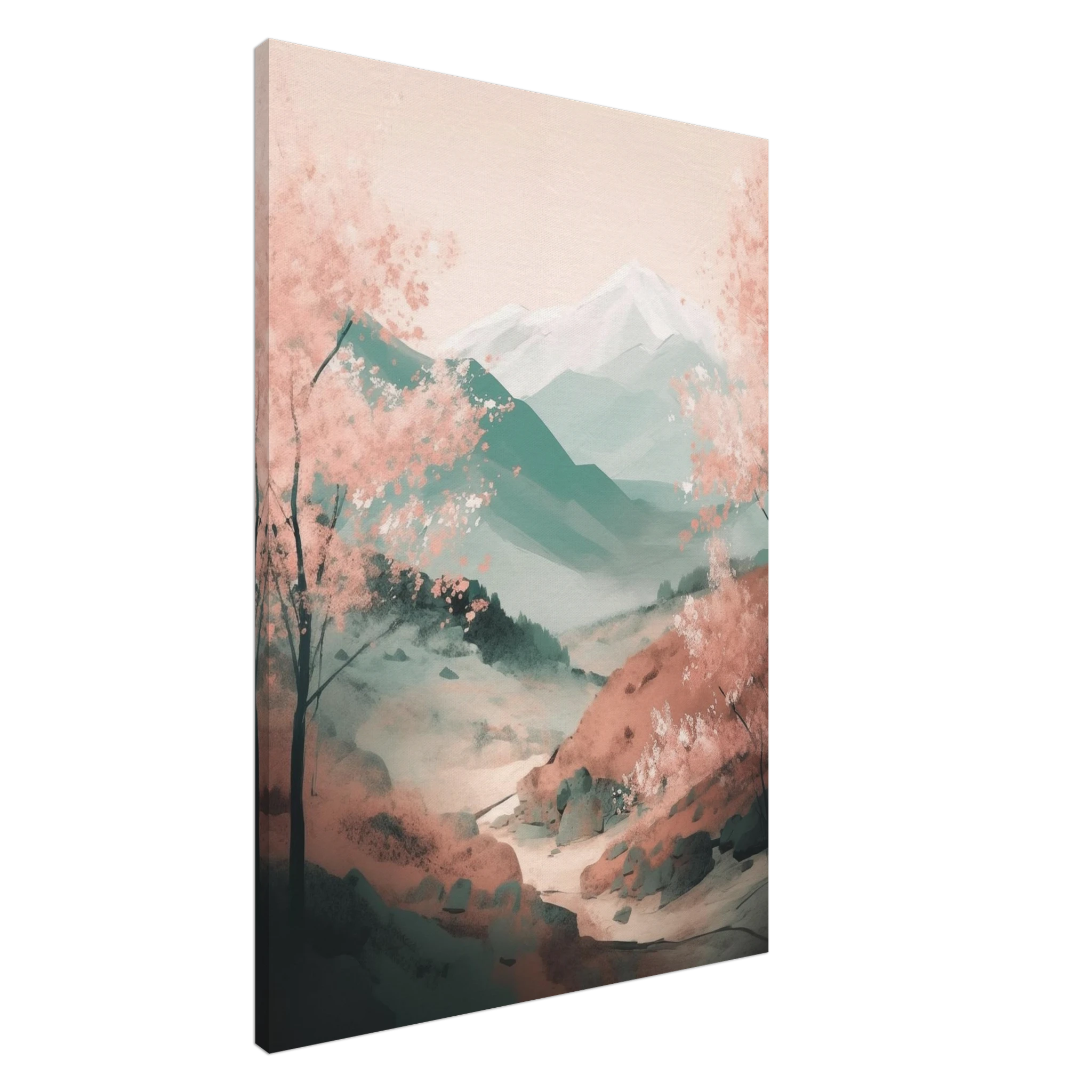 Leinwandbild Japan: Malerische Landschaft mit blühenden rosa Kirschblüten und sanften Bergen im Hintergrund.