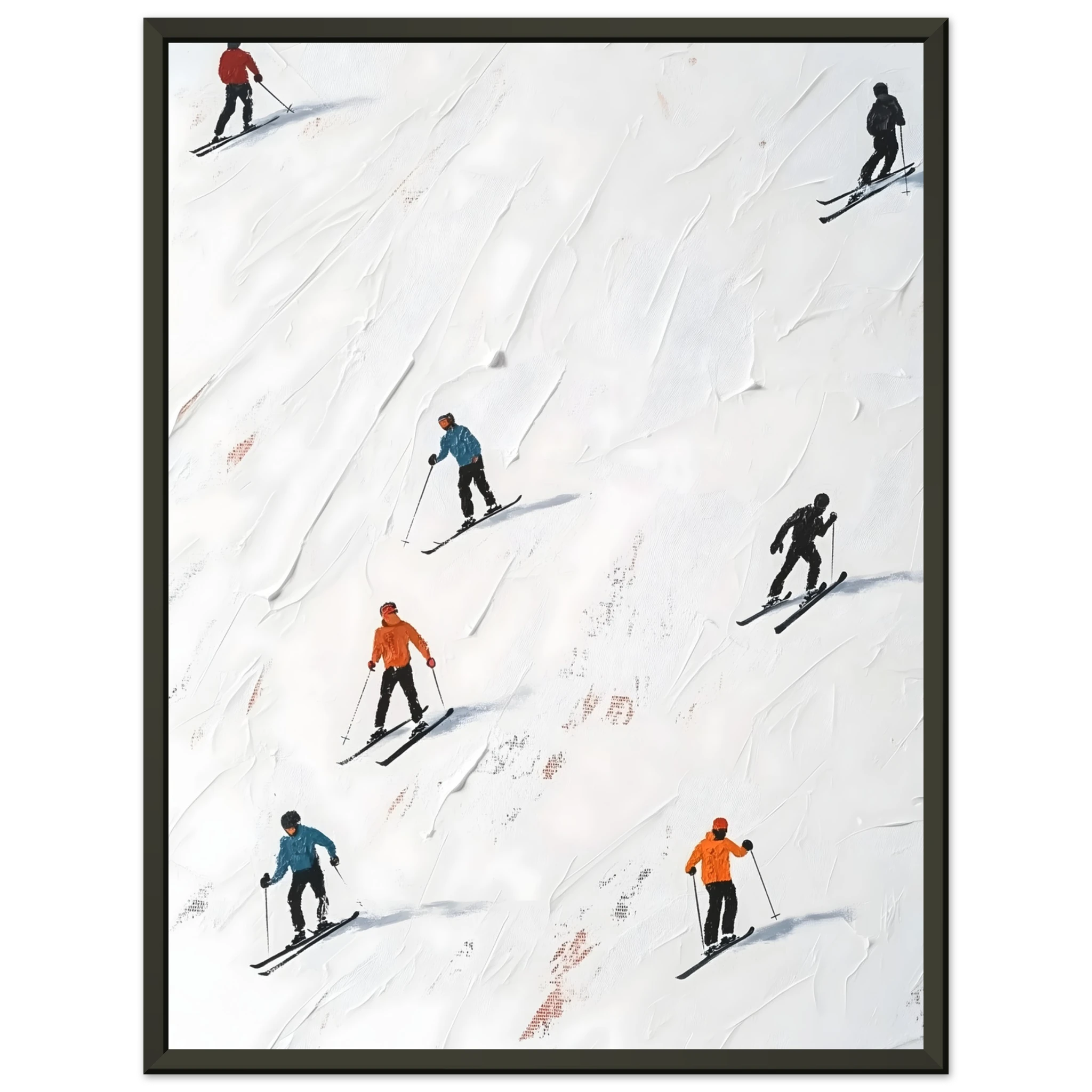 Edles Wandbild Go Skiing im schwarzen Metallrahmen, Skifahrer in den Alpen auf Leinwand, kontrastreiches Design-Element.