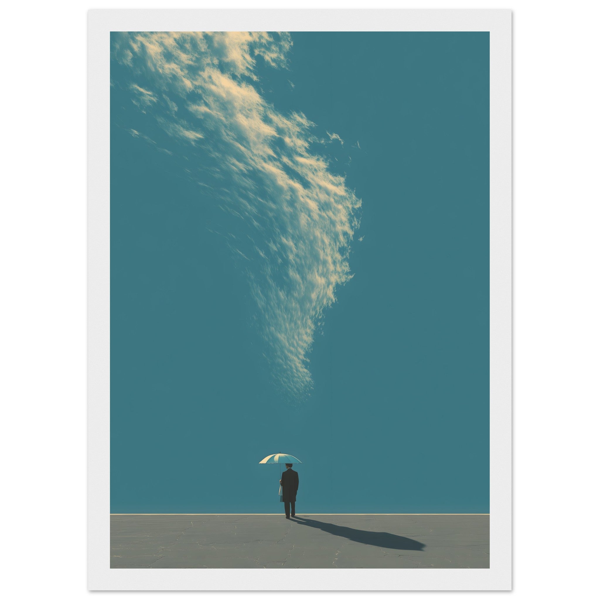Minimalistisches Poster einer einsamen Figur mit hellen Himmel und Wolken Muster zwischen dunkler Geometrie. Poster im weißen Holzrahmen.