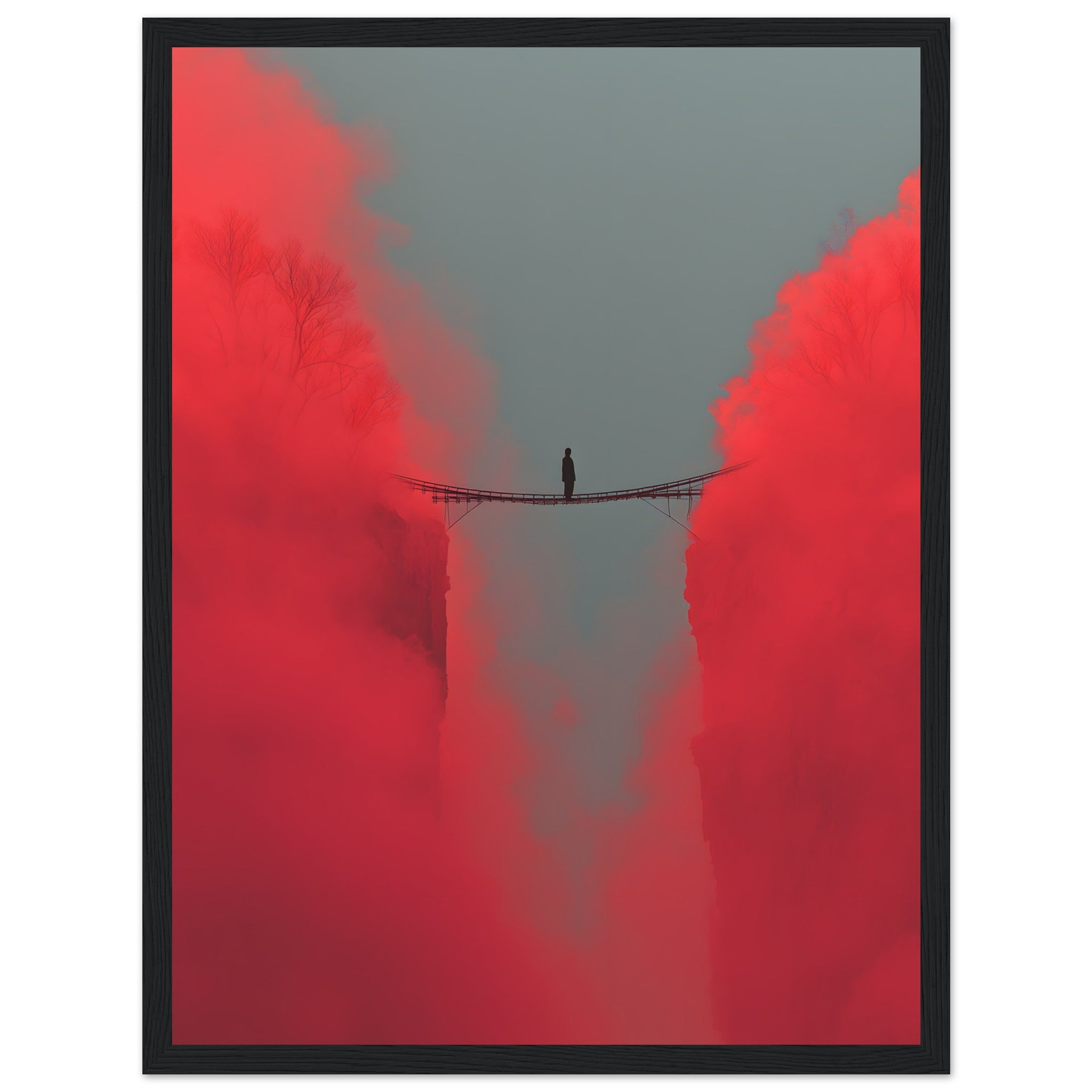 Minimalistisches Poster mit einer kleinen Silhouette auf einer kleinen Brücke in einer Schlucht zwischen 2 Felsen. Poster mit schwarzen Holzrahmen.