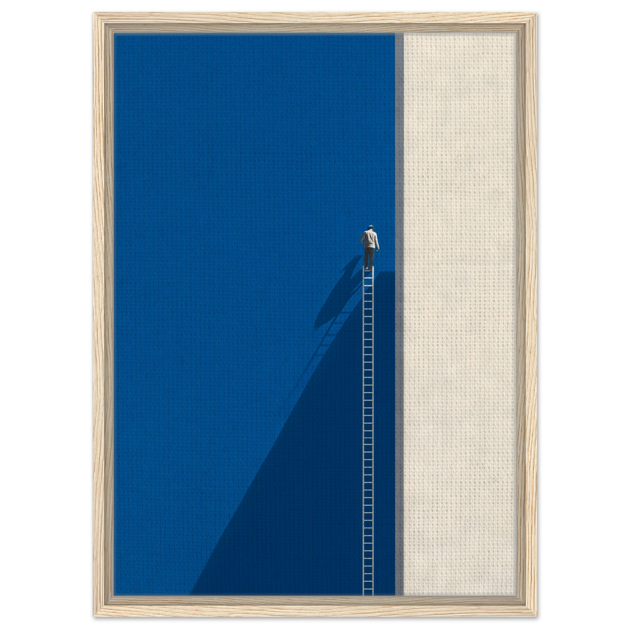 Minimalistisches Poster einer Figur auf einer langen Leiter vor einer hohen blauen und beigen Wand. Leinwand im hellen Holzrahmen.