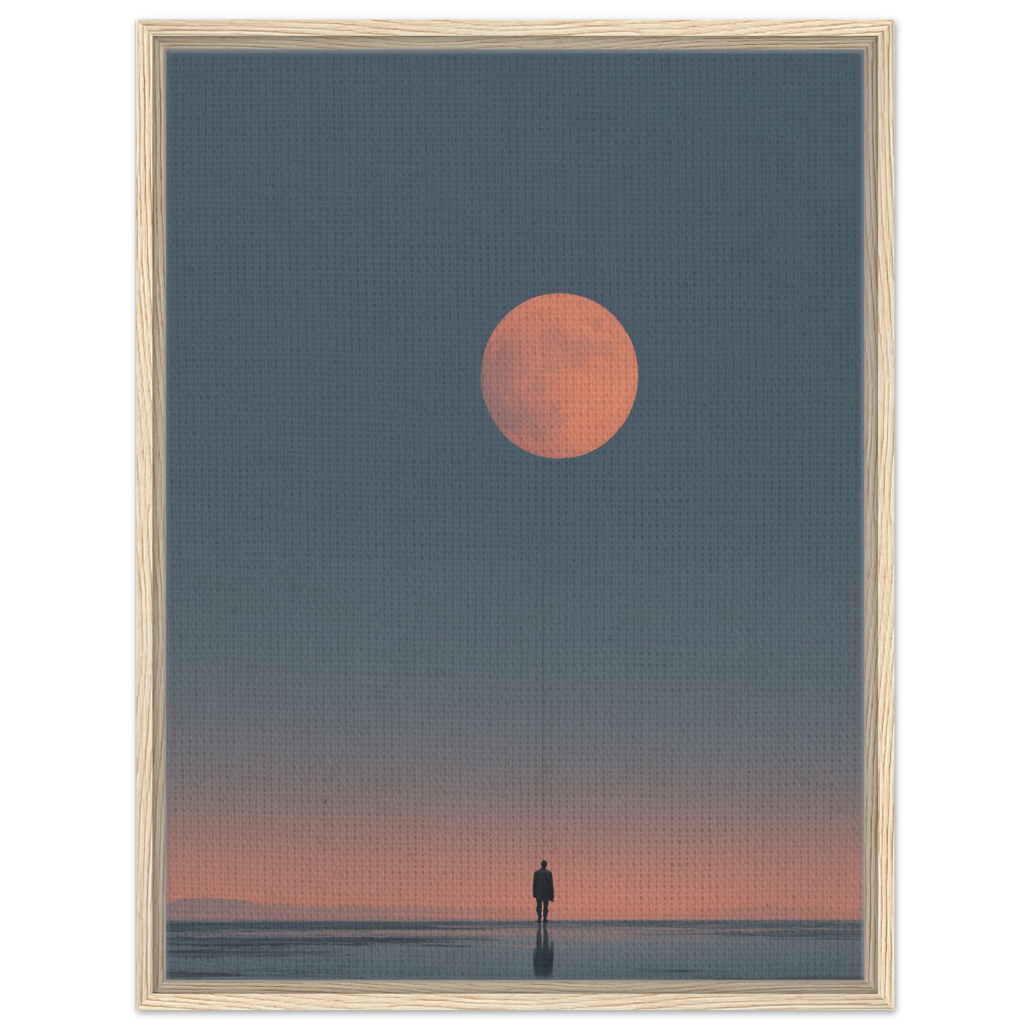 Minimalistisches Kunstposter einsame Figur hält Mond an einer Schnur Surrealismus. Leinwand im hellen Holzrahmen