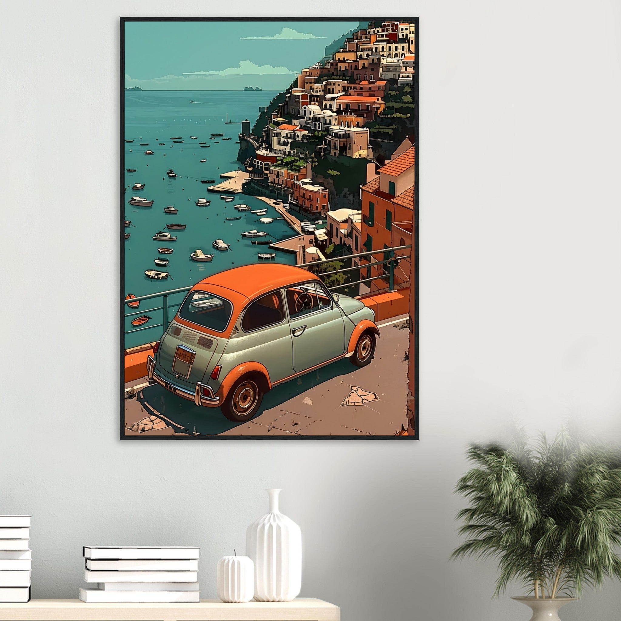 Großes Wandbild im Wohnzimmer: Der klassische Fiat in Neapel bringt italienisches Lebensgefühl und Wärme.