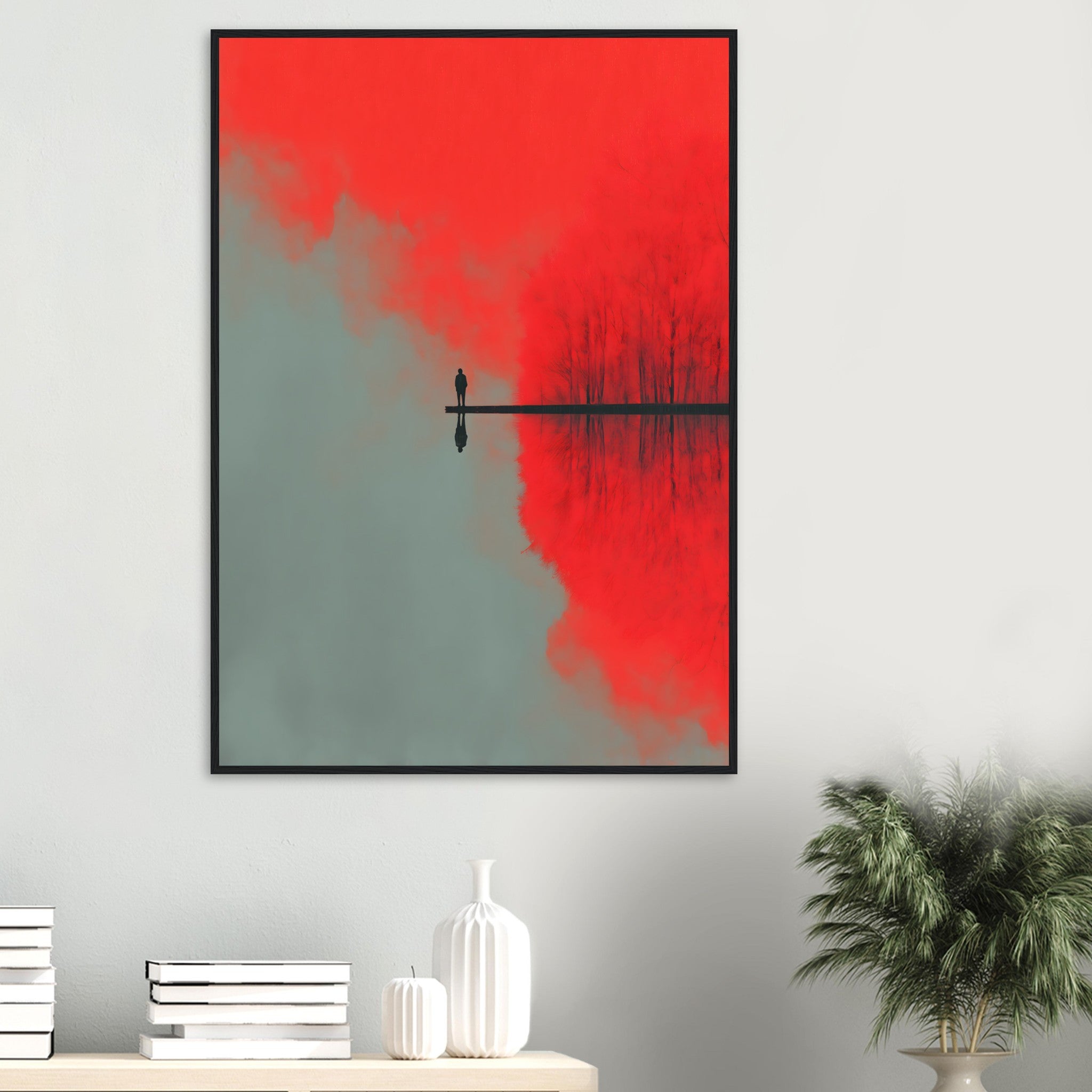 Modernes Wandbild mit See-Motiv im schwarzen Metallrahmen für minimalistische Wohnzimmer.