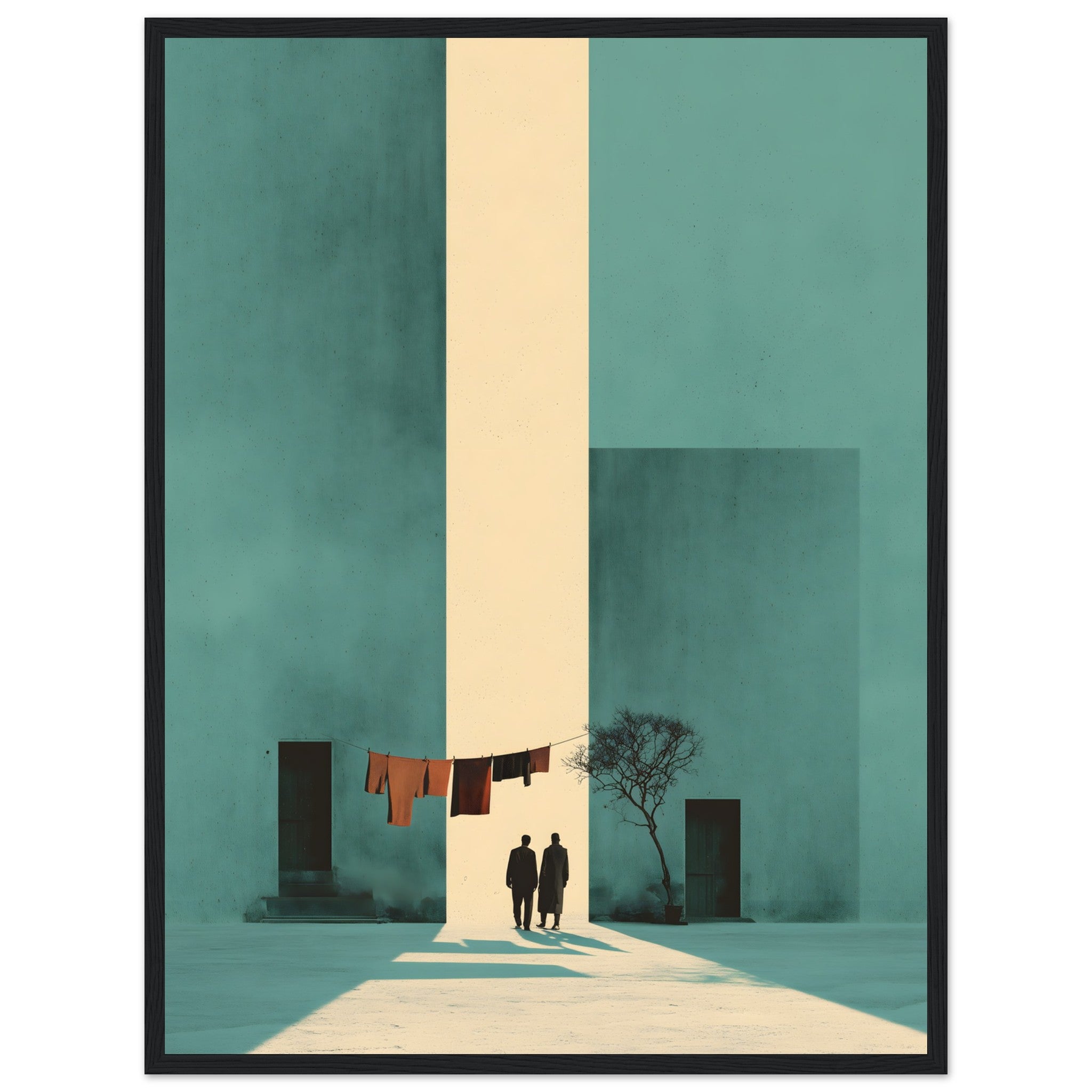 Minimalistisches Poster eines Paares, das durch eine extrem hohe, schmale Häusergasse auf ein helles Licht zugeht. Poster im schwarzen Holzrahmen.