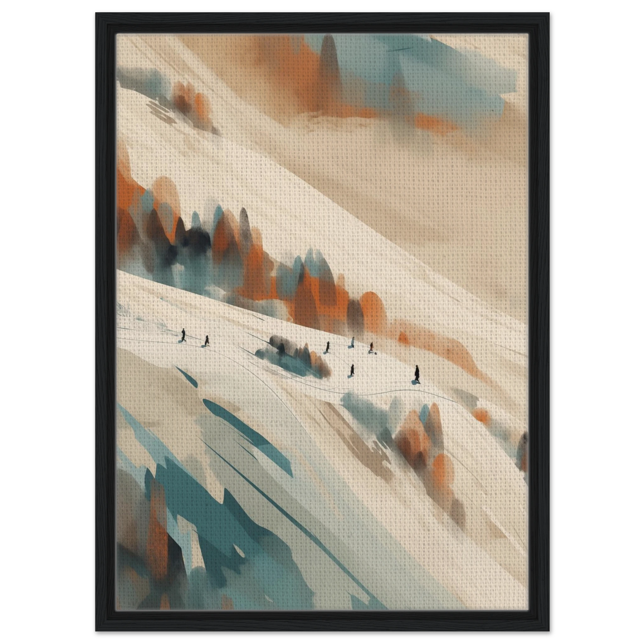 Wandbild Ski Slope im schwarzen Holzrahmen: Natürliche Eiche wärmt die kühle Ästhetik der verschneiten Piste auf.