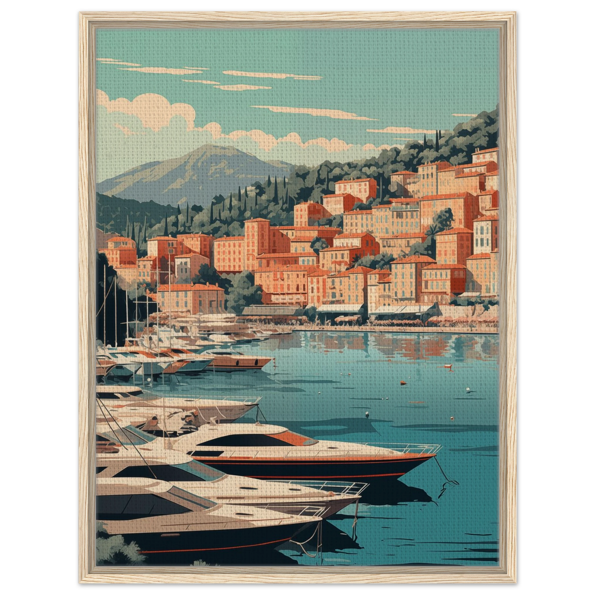 Wandbild Monaco im hellen Holzrahmen: Natürliche Eiche unterstreicht den mediterranen, sonnigen Charme des Fürstentums.