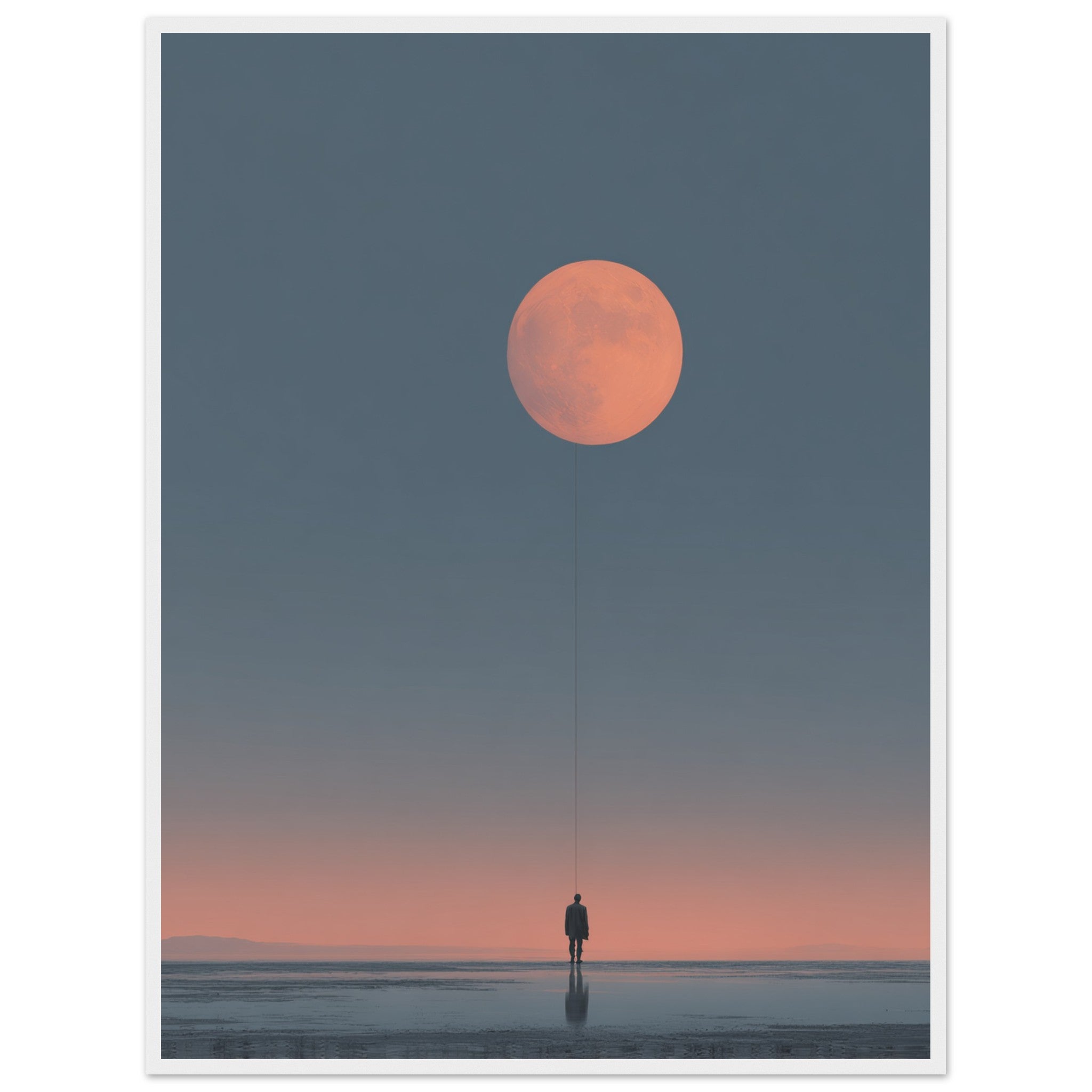 Minimalistisches Kunstposter im weißen Holzrahmen. Einsame Figur hält Mond an einer Schnur. Surreale Kunst für Minimalismus.