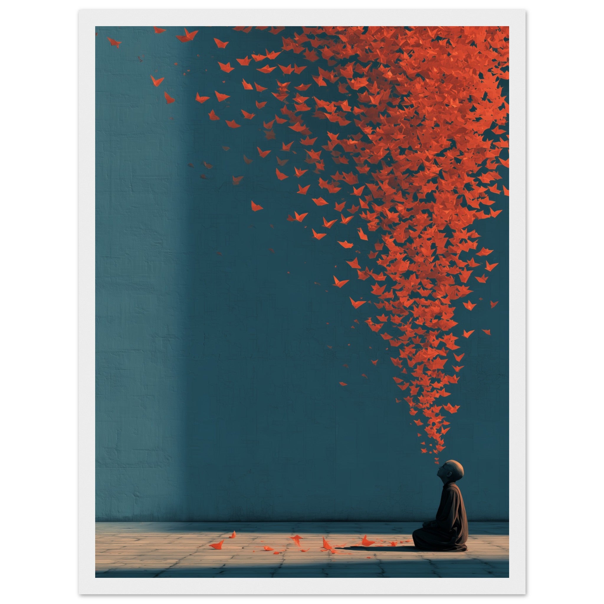 Nahaufnahme der roten Origami Papierkraniche auf strukturiertem blauen Hintergrund Kunstdruck UrbanWallz. Poster im weißen Holzrahmen.
