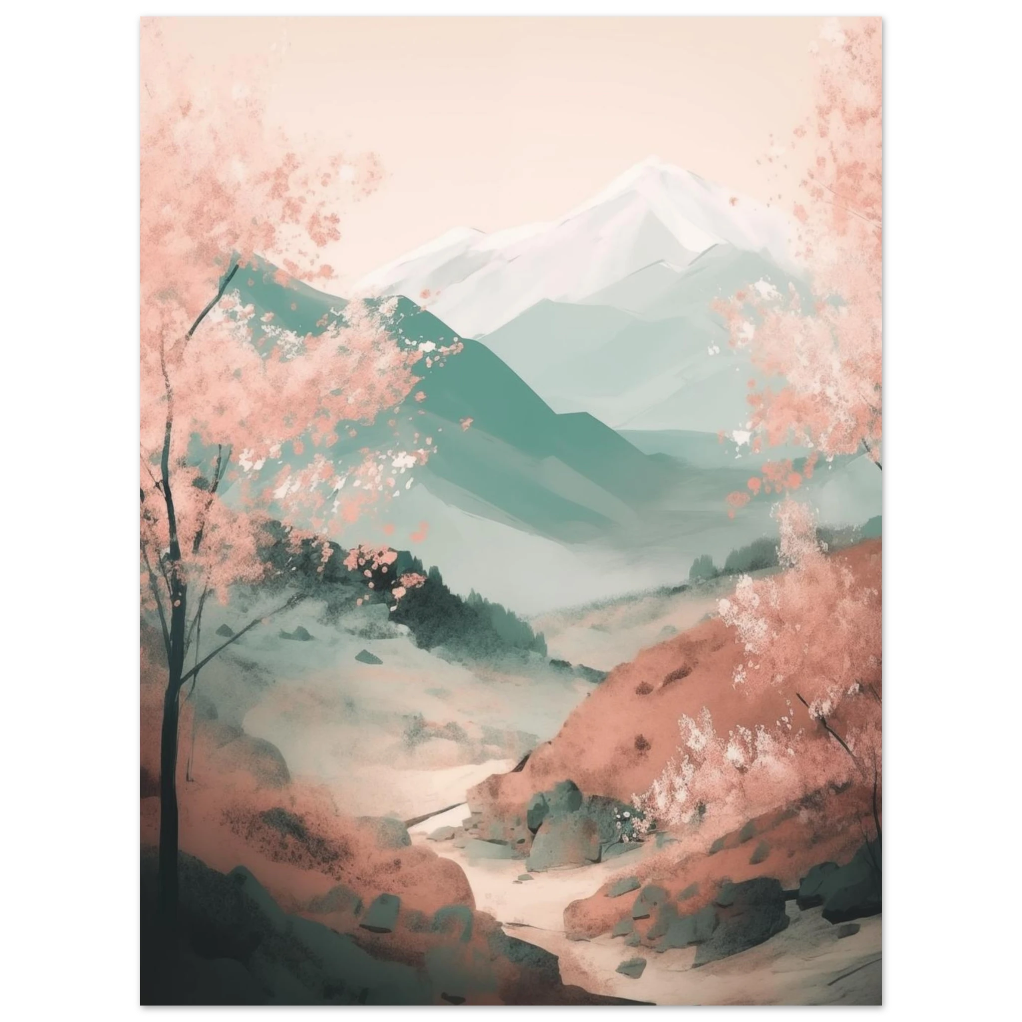 Premium Poster Asien: Detailreicher Druck der filigranen Kirschblüten und der harmonischen japanischen Natur-Szenerie.