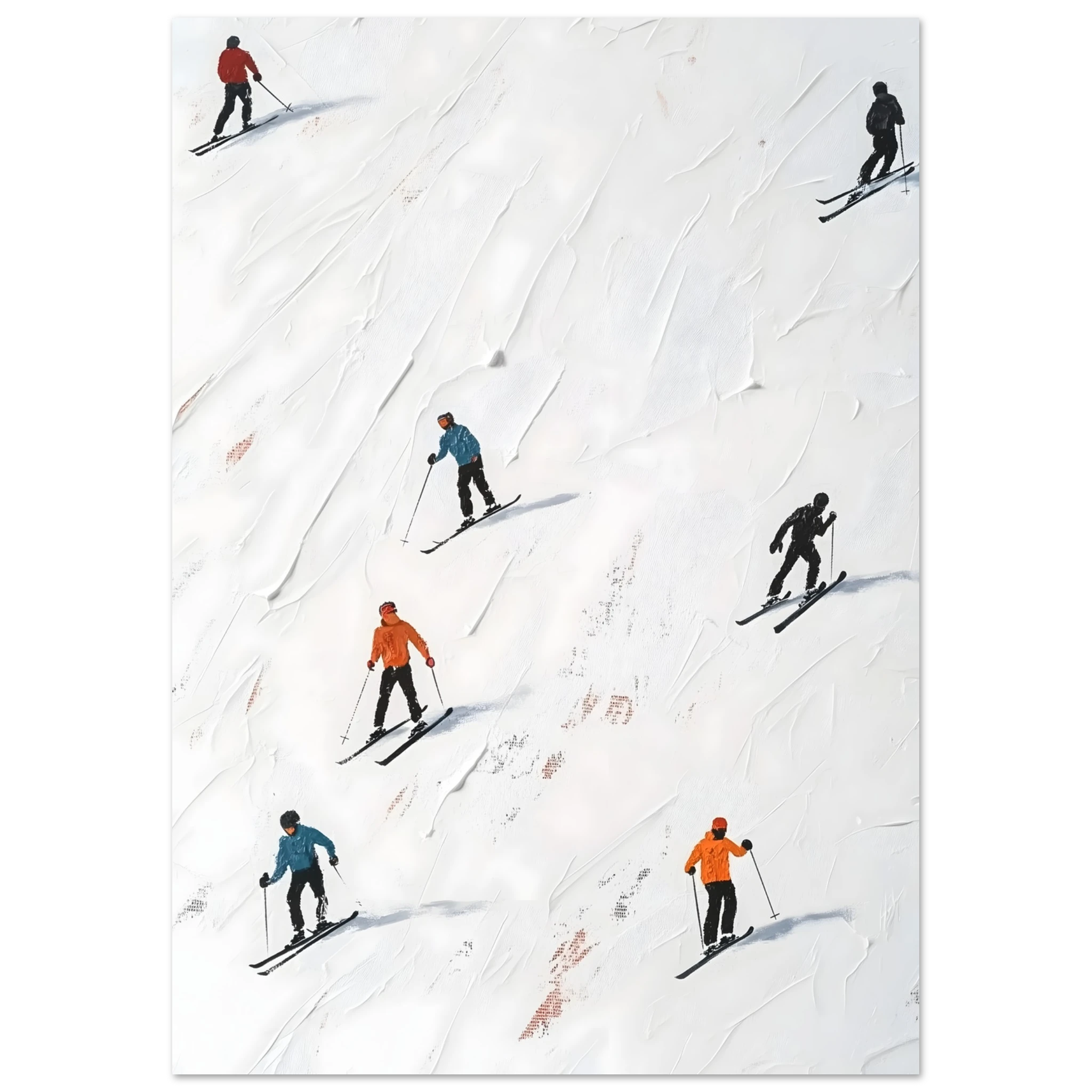 Minimalistisches Ski-Poster Go Skiing, Kunstdruck mit Skifahrern auf Piste, ideales Geschenk für Wintersportler und Alpen-Fans.