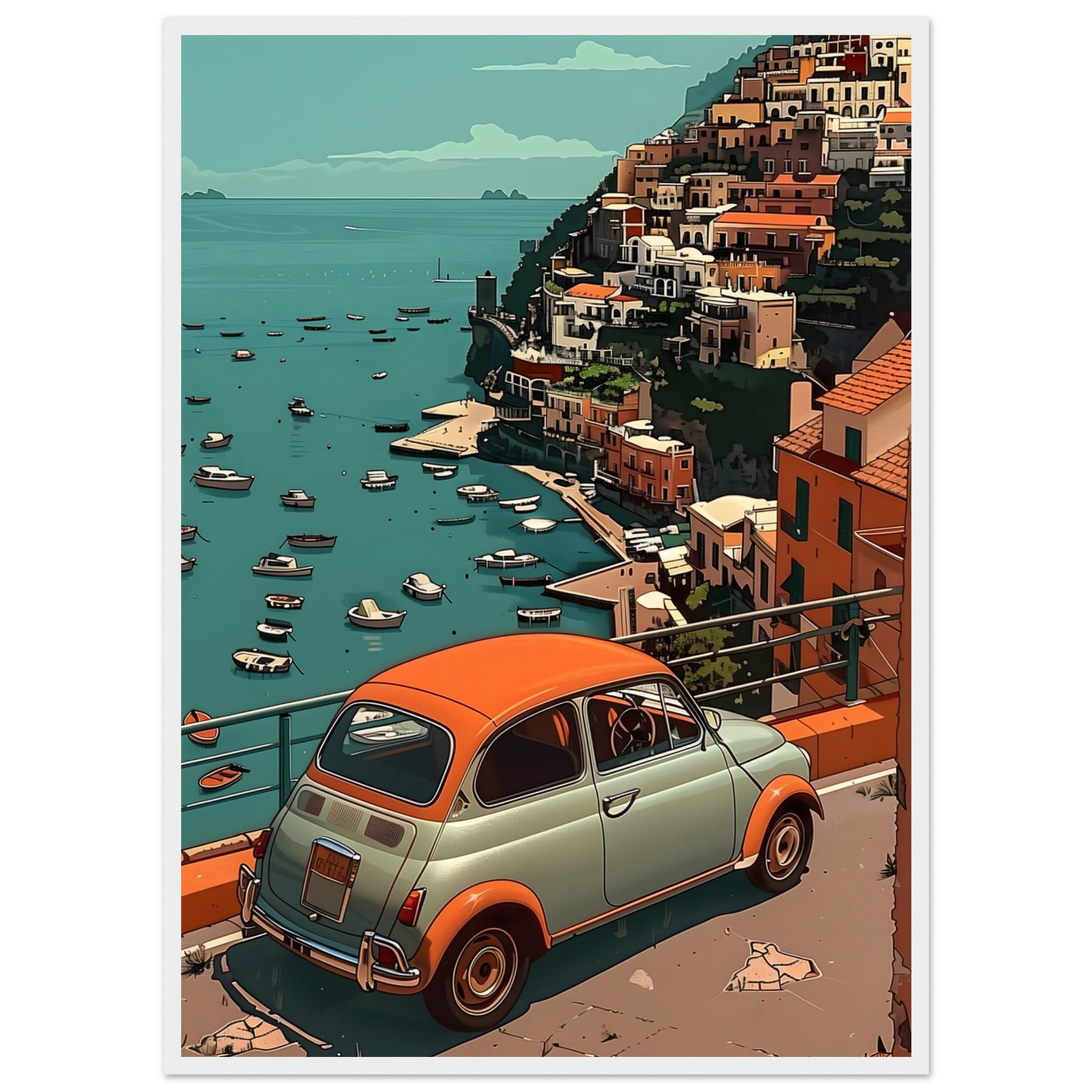 Italien Motiv im weißen Schattenfugenrahmen: Helle Rahmung betont die sommerliche Leichtigkeit des Fiat 500.