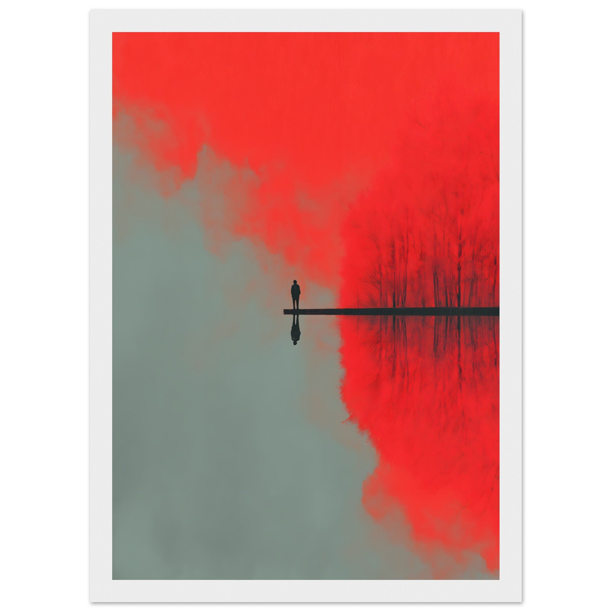 Minimalistisches Poster einer Silhouette auf einem langen Steg mit perfekter Spiegelung im Wasser. Deep meaning. Skndinavian Interior.
Poster im weißen Holzrahmen.