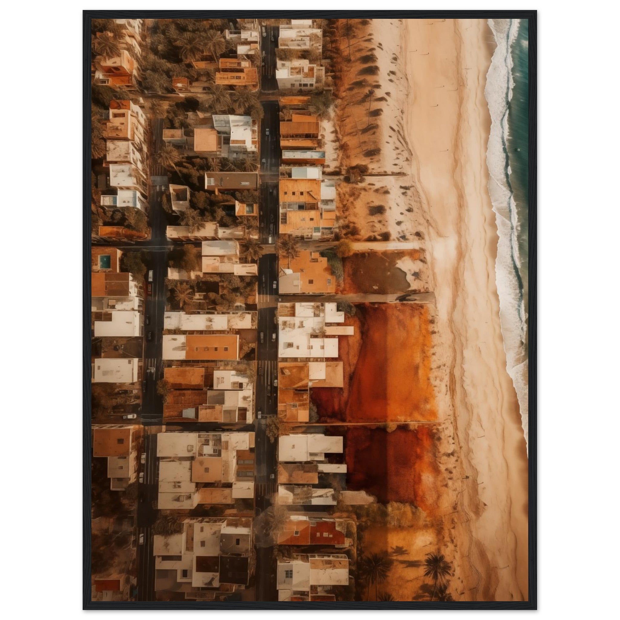 Gerahmter Kunstdruck in Schwarz: Dunkler Rahmen verleiht der hellen kalifornischen Küstenlandschaft moderne Kontur.