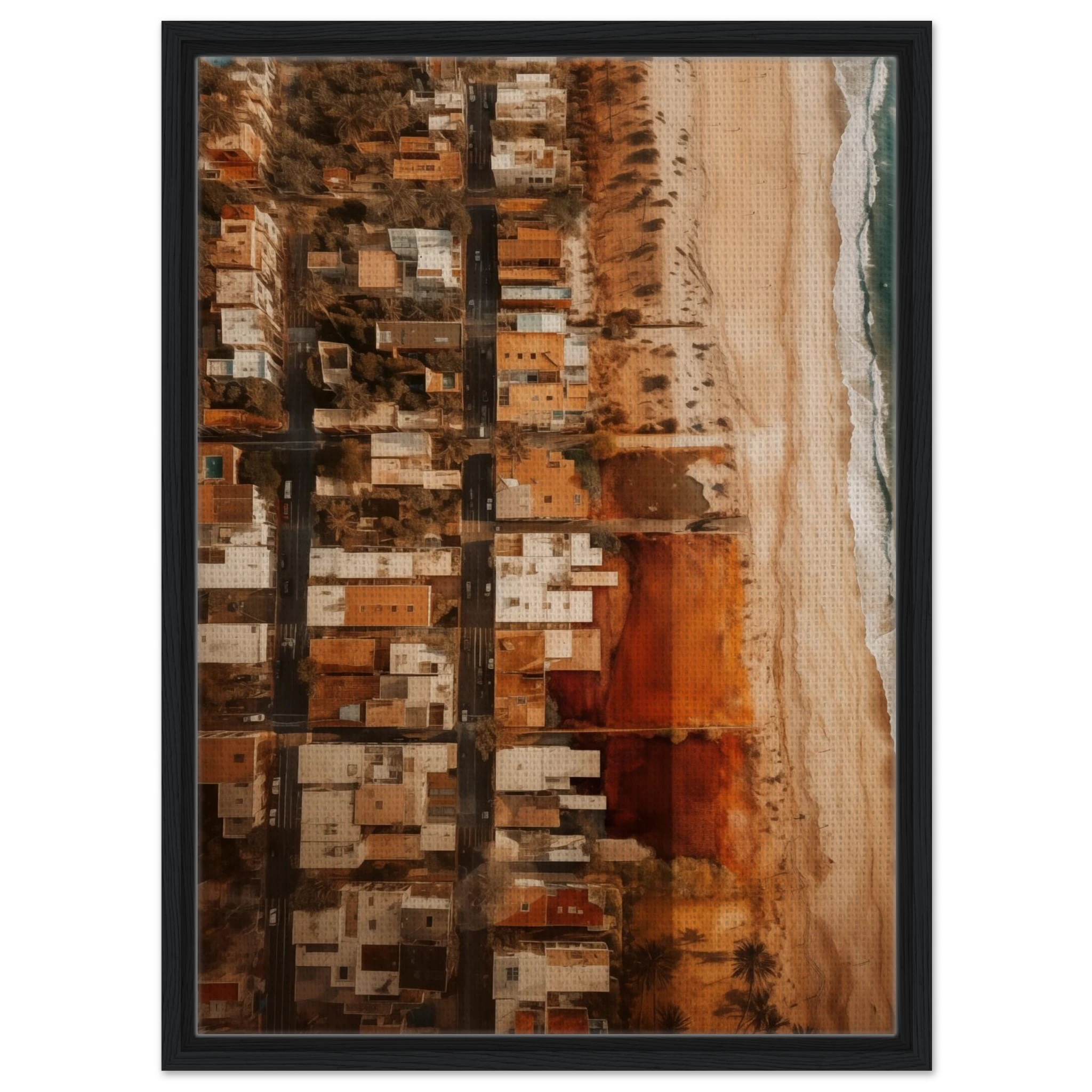 Wandbild Kalifornien im schwarz Holzrahmen: Natürliche Eiche harmoniert perfekt mit dem goldenen Sand des Newport Beach.