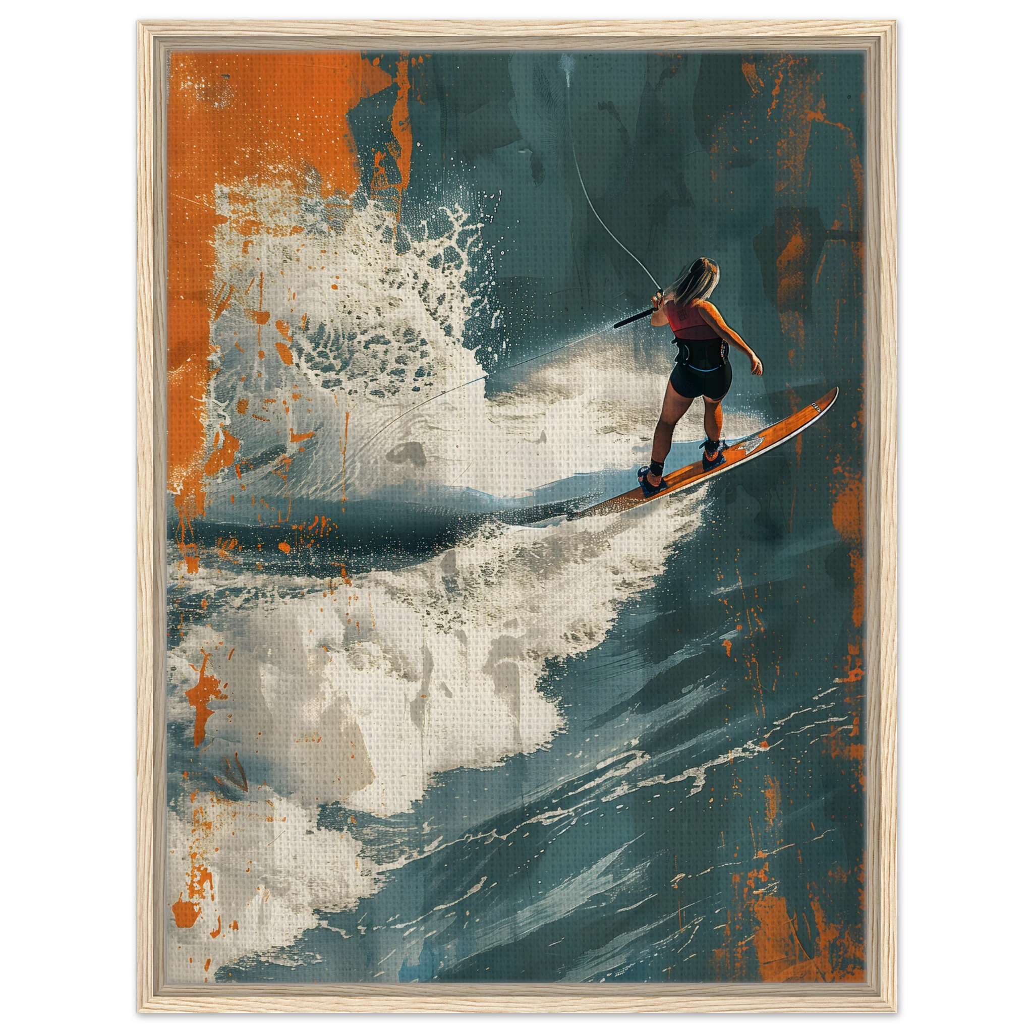 Wandbild Wakesurf im hellen Holzrahmen: Natürliche Eichen-Optik unterstreicht die Dynamik und Freiheit der Wellenreiterin.