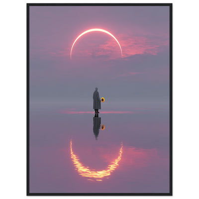 Detailaufnahme der glühenden Sonnenkorona und der Spiegelung im Wasser. Poster im schwarzen Holzrahmen.