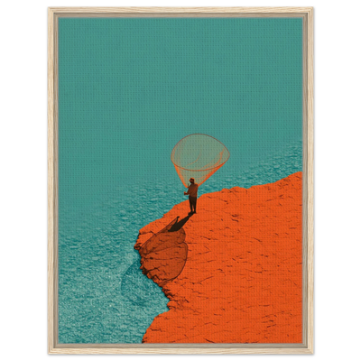 Minimalistisches Poster eines Fischers mit einem großen orangefarbenen Netz vor dunklem Hintergrund. Minimalistisches Interior.
Leinwand im hellen Holzrahmen.