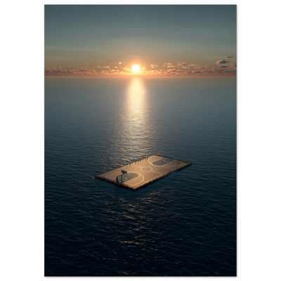 Premium Poster Sport & Natur: Hochauflösender Druck, der die feine Textur der Wasseroberfläche und die Holzplanken des schwimmenden Basketball-Floßes zeigt. Die Spiegelung der Sonne im Wasser ist farbintensiv und klar dargestellt.