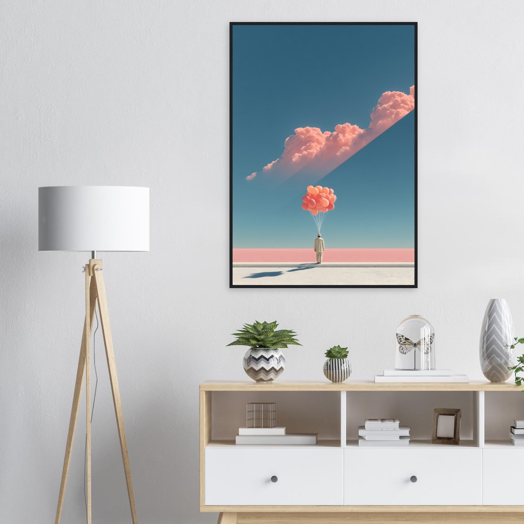 Modernes Wandbild in Beige und Pastelltönen im weißen Holzrahmen für das Kinder- oder Wohnzimmer.