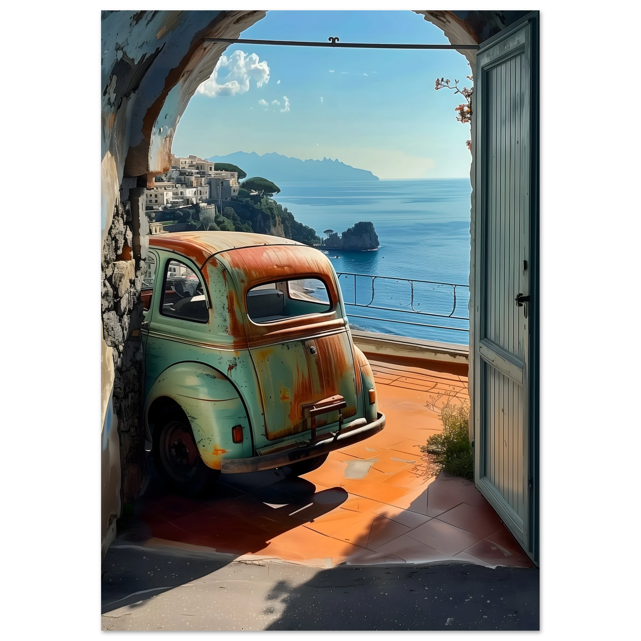 Premium Poster Meerblick: Detailreicher Druck der griechischen Küstenlinie, des Horizonts und der sommerlichen Lichtstimmung.