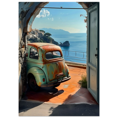 Premium Poster Meerblick: Detailreicher Druck der griechischen Küstenlinie, des Horizonts und der sommerlichen Lichtstimmung.