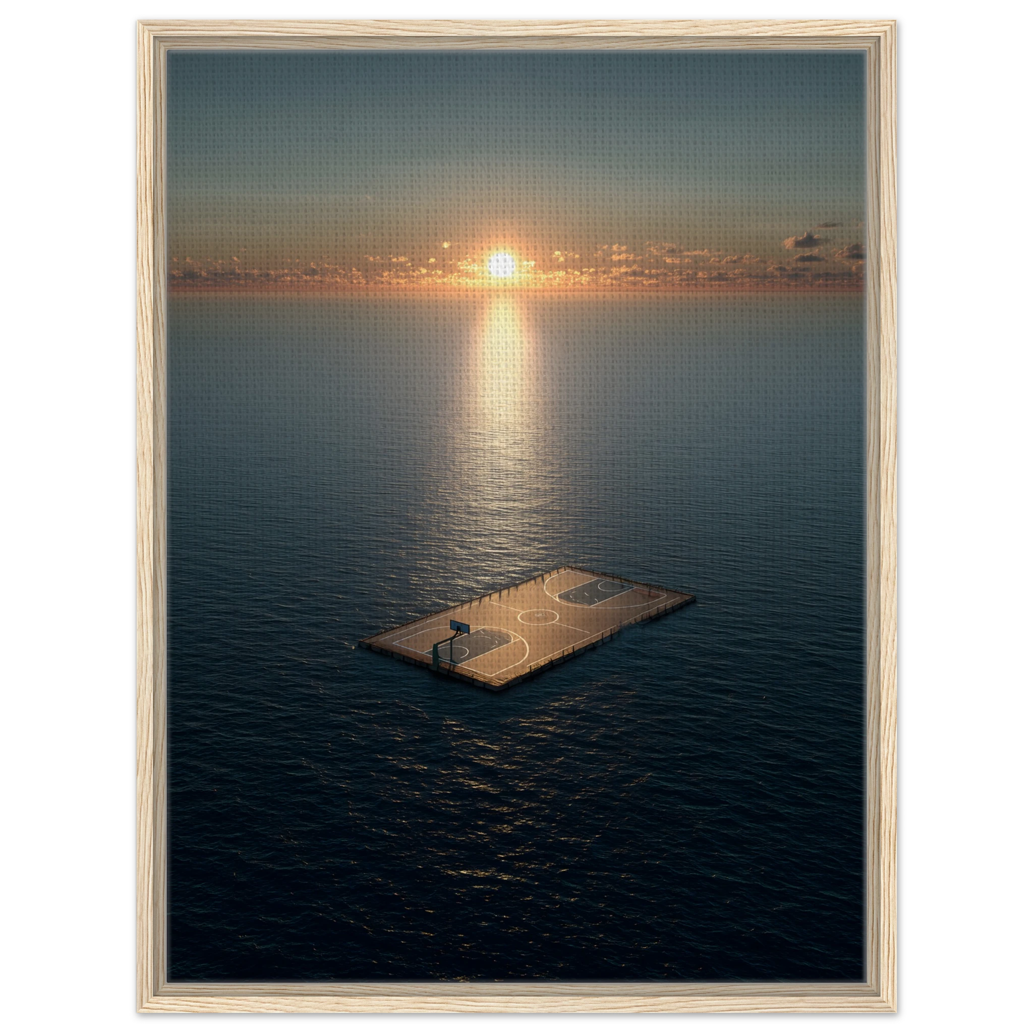 Surreales Leinwandbild Basketball mit hellen Holzrahmen: Ein einzelner Basketballplatz treibt als hölzernes Floß auf dem offenen, tiefblauen Meer. Im Hintergrund geht die Sonne mittig am Horizont unter und wirft einen goldenen Lichtstreifen (Golden Hour) über die sanften Wellen und das Spielfeld.