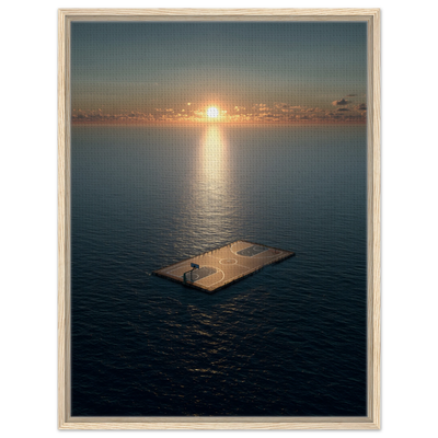 Surreales Leinwandbild Basketball mit hellen Holzrahmen: Ein einzelner Basketballplatz treibt als hölzernes Floß auf dem offenen, tiefblauen Meer. Im Hintergrund geht die Sonne mittig am Horizont unter und wirft einen goldenen Lichtstreifen (Golden Hour) über die sanften Wellen und das Spielfeld.