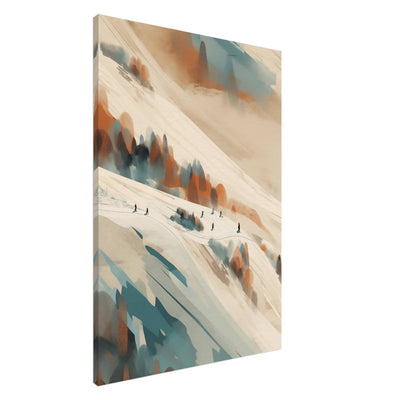 Leinwandbild Skifahren: Dynamische Skifahrer verteilt auf einer weiten, weißen Piste in minimalistischer Winterlandschaft.