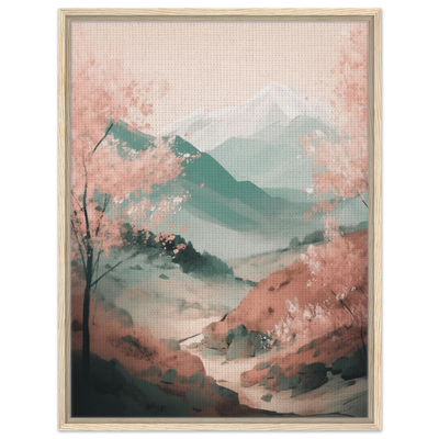 Wandbild Japan im hellen Holzrahmen: Natürliche Eiche harmoniert sanft mit den zarten rosa Sakura-Blüten.
