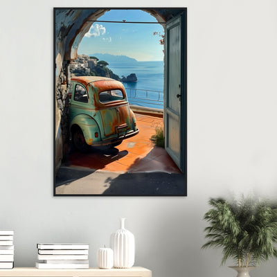 Großes Wandbild im Wohnzimmer: Der weite Griechenland-Ausblick schafft sofortiges Urlaubsflair und optische Tiefe im Raum.