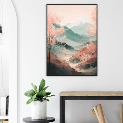Großes Wandbild im Wohnzimmer: Die japanische Kirschblüten-Landschaft bringt Ruhe, Zen-Atmosphäre und Harmonie in den Raum.