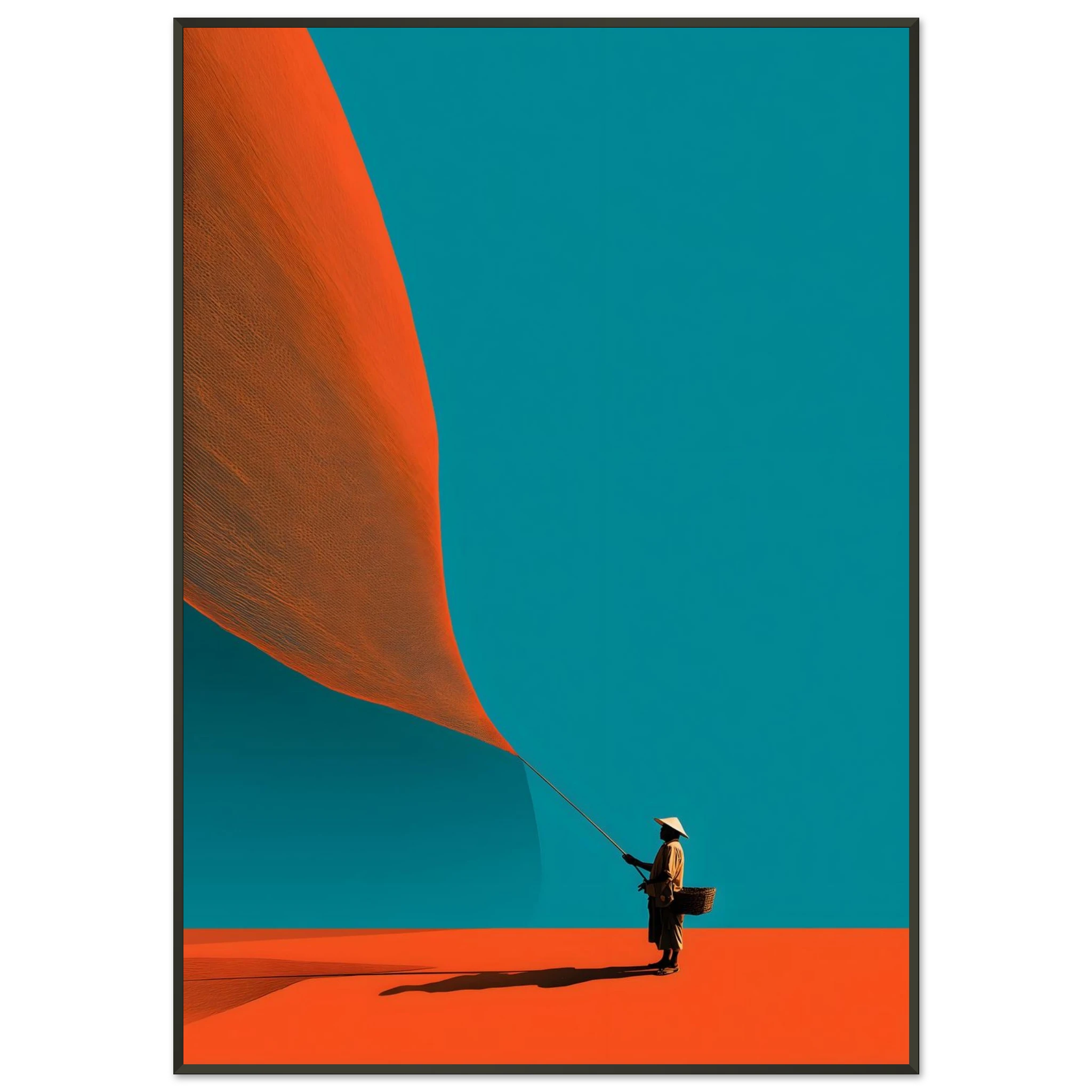 Abstraktes minimalistisches Poster eines Fischers mit asiatischem Hut, der ein riesiges orangefarbenes Netz vor türkisem Hintergrund hält. Japanese Skandi Style.
Poster im schwarzen Holzrahmen.