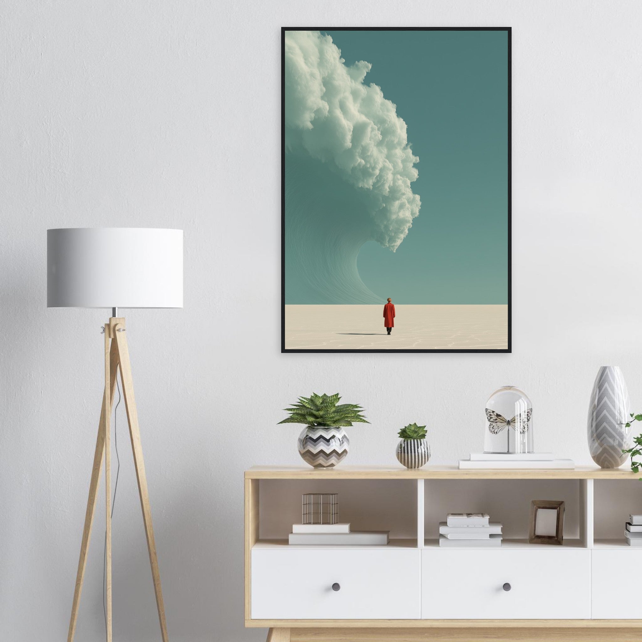 Modernes Wüsten-Wandbild im schwarzen Metallrahmen für minimalistisches Interior.